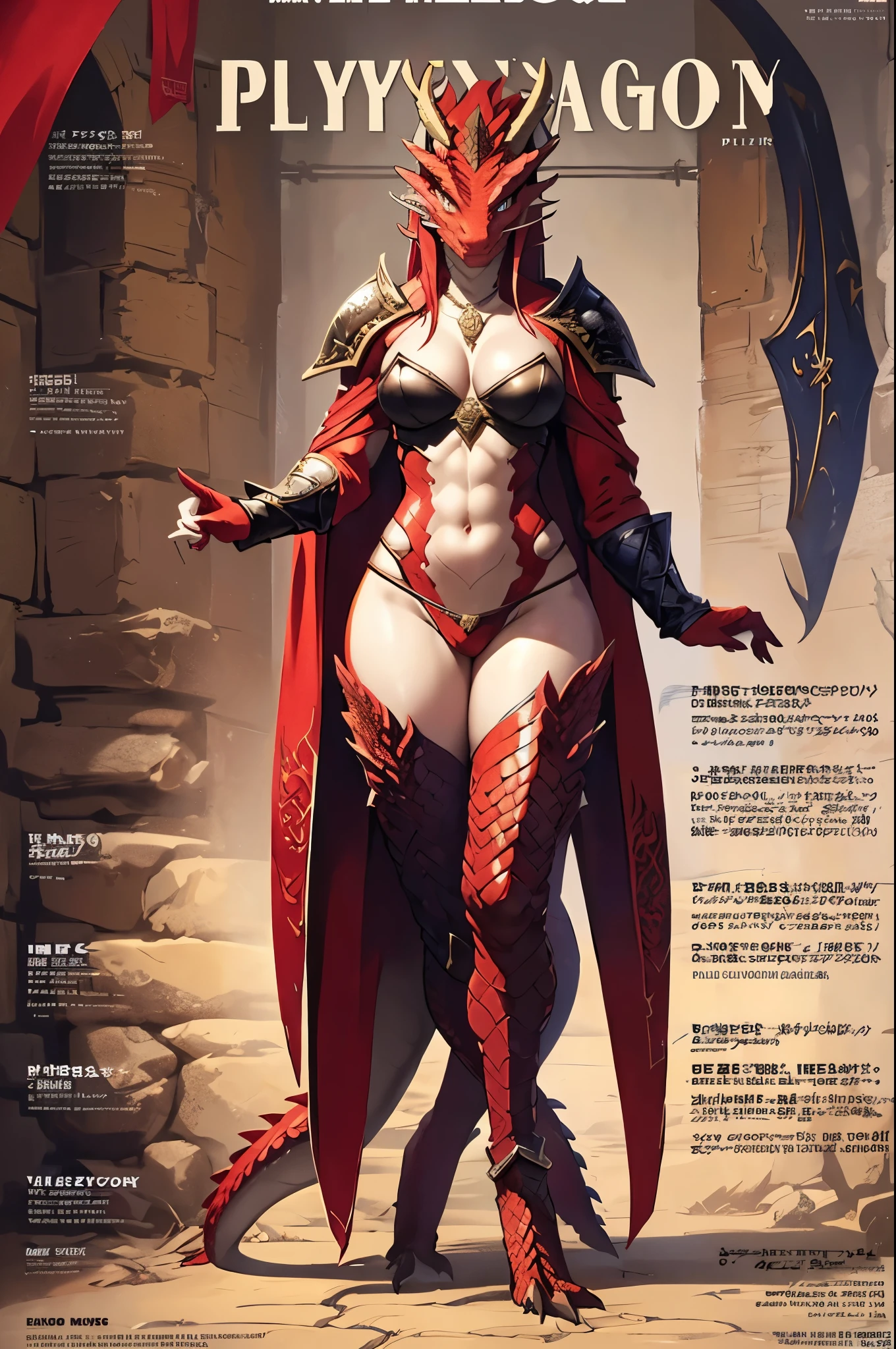 masterpiece, (1girl:1), extremely detailed female character, full body shot, best quality, dnd, dungeons and dragons, (thin, athletic, pointy ears), (red dragonborn, anthro, horns, red eyes, scales skin, damaged), (magazine title, text, "Play Dragon", "Playboy", "Dragon":1.5), (magazine:1.3), medieval era, fantasy clothes, anime style, (medieval fantasy full plate small paladincloth, paladin warrior), (nsfw:0.75)