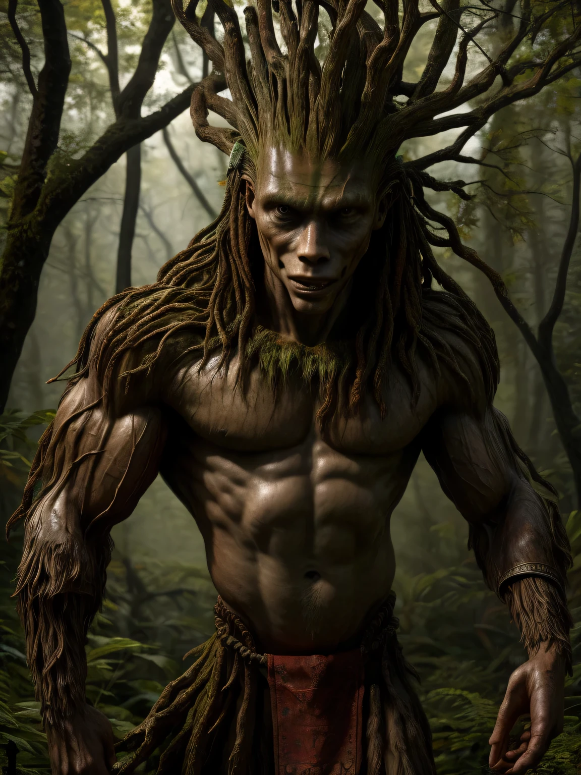 rain, photo, (Heroic pose:1.1135), rough skin, Like the bark of a tree, ultra-realistic shading, anthropomorphic, brown, big, photorealistic, nude, causing a smile, (Sandro Botticelli:1.1025), Huge pectoral muscles, tribe, shaman, biceps, (Loincloth:1.15), thin waist, Slim Male, In the woods, branches with leaves on the head, day