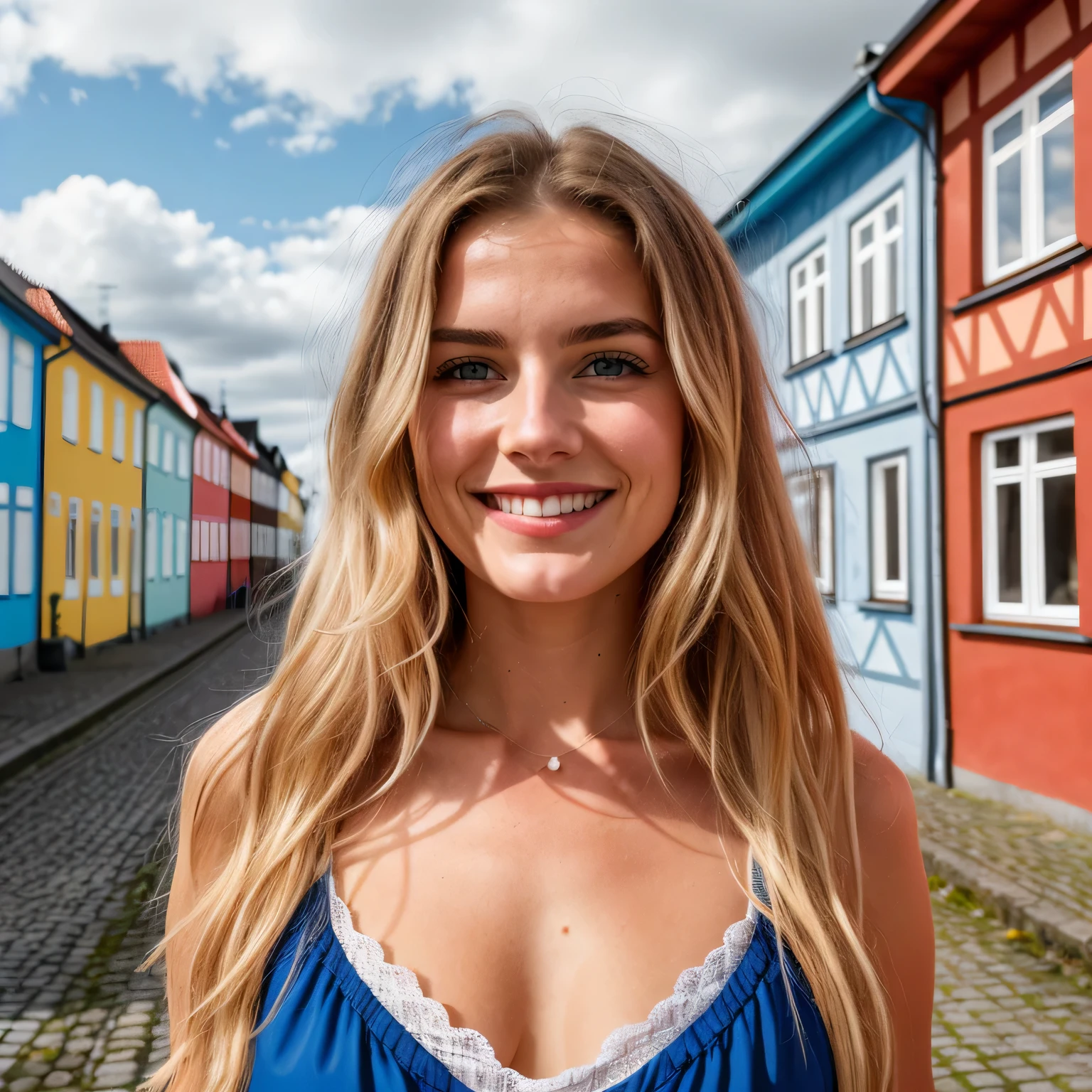 detailliert,(realistisch,photorealistisch,photo-realistisch),Instagram Post,eine atemberaubende junge lachende Schwedin, smiling, Beautiful white teeth, Her personality is reminiscent of Sweden's timeless charm. Ihre Augen, voller Geschichten, Die Augen haben einen hellen Blauton, Weisheit mit einem Hauch von Unfug ausstrahlend. Ihre Lippen, reich und rot, reflect the vitality of Swedish culture. Ihre Haare, as blonde and flowing as gold, umrahmt ihr junges Gesicht. The body is slim, die Beine lang. Flawless tanned skin,In einem traditionellen schwedischen Outfit gekleidet, Die leuchtenden Farben scheinen den Geist Schwedens widerzuspiegeln. The area around her shows a mix of symbolic street scenes from Sweden - colorful wooden houses, und der himmlisch blaue Himmel. Photorealistisch, high resolution, Instagram Post