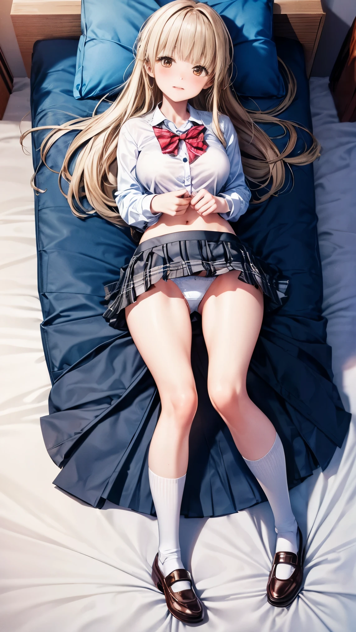 highest quality、one girl,full body figure、、primary school student、、big boobs、big 、Perfect five-finger、perfect legs、perfect legs、Mahiru Shiina、perfect thing、detailed description、small details、detailed face、mini skirt、plaid skirt、long hair、blonde、White panties、whitepanty、I can see your panties、school uniform、high school uniform、Skirt flip、lift skirt、Bed、M-shaped legs、summer clothes、White shirt、plaid skirt、shirt sleeves、white socks