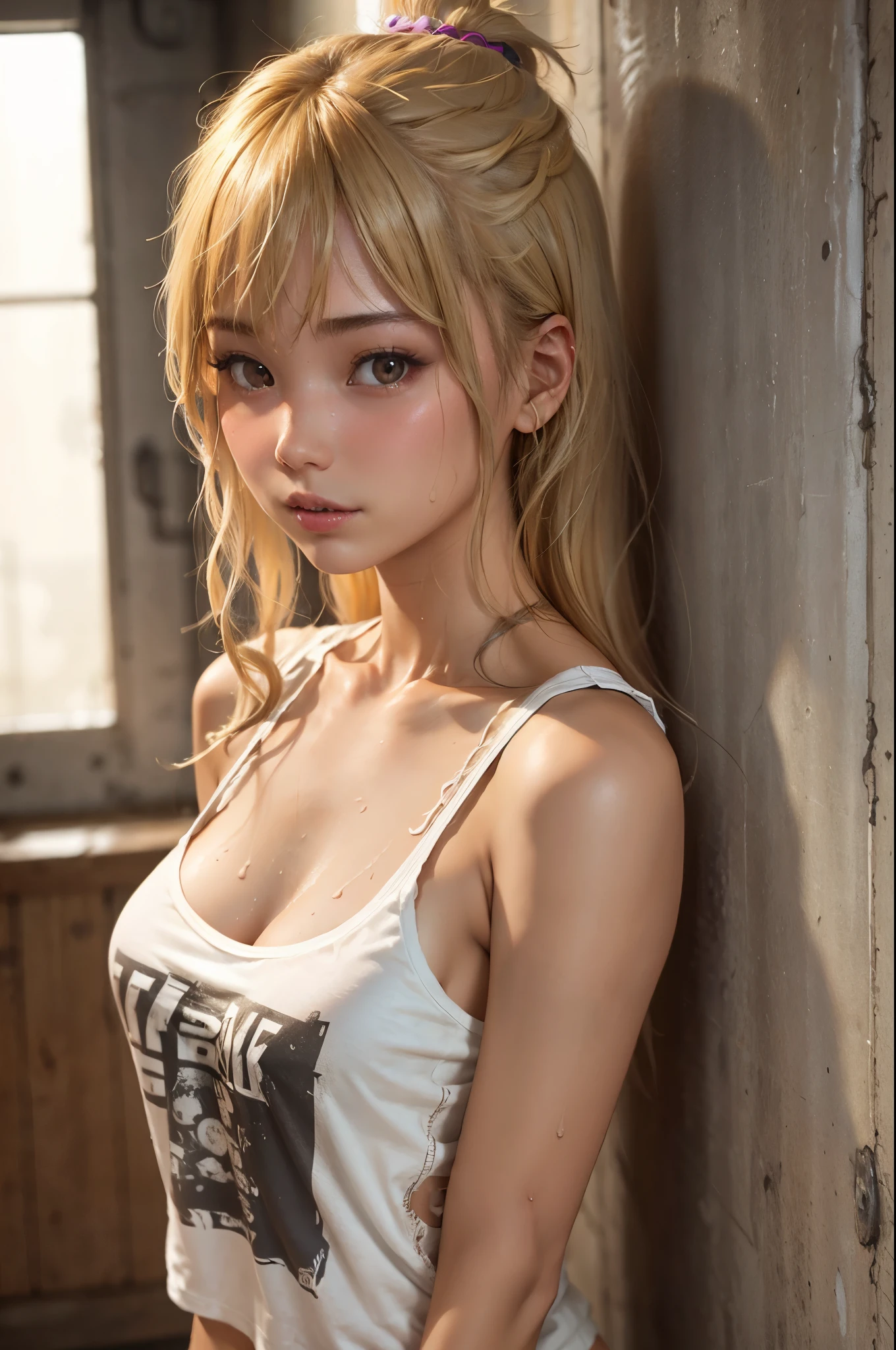 (1girl), medium breasts, tan, dewy skin, sweaty skin, wavy blonde hair, punk tshirt, punk girl
