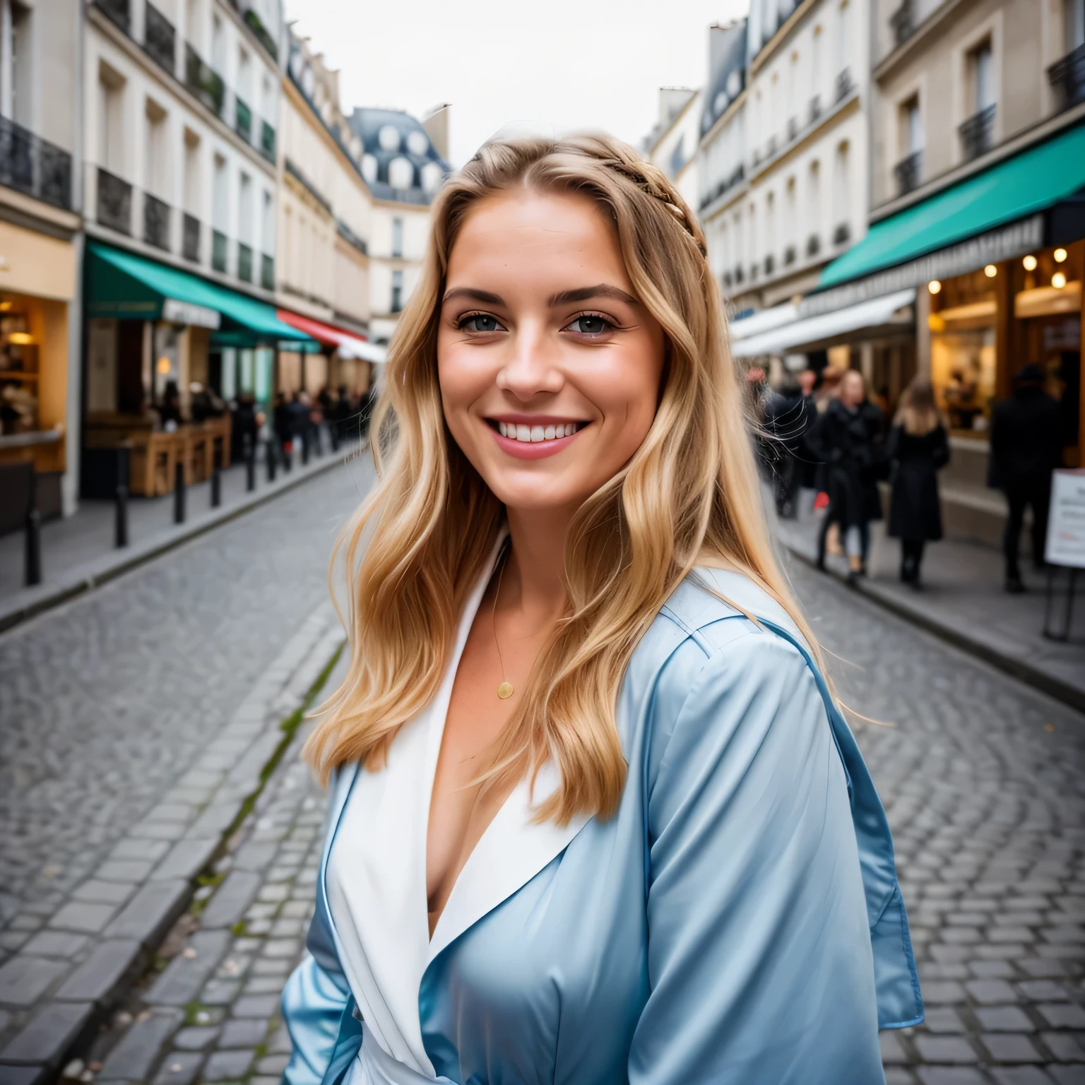 detailliert,(realistisch,photorealistisch,photo-realistisch,depth of field),Instagram Post,a stunning young laughing French woman,smiling, Beautiful white teeth, Her personality is reminiscent of the timeless charm of Paris. Ihre Augen, voller Geschichten, Die Augen haben einen hellen Blauton, Weisheit mit einem Hauch von Unfug ausstrahlend. Ihre Lippen, reich und rot, reflect the vitality of French culture. Ihre Haare, as blonde and flowing as gold, umrahmt ihr junges Gesicht. The body is slim, die Beine lang. Flawless tanned skin,In einem schicken Pariser Outfit gekleidet, Die leuchtenden Farben scheinen den Geist von Paris widerzuspiegeln. The area around her shows a mix of symbolic street scenes from Paris - beautiful facades, nette Cafes und der himmlisch blaue Himmel. Photorealistisch, high resolution,Full body,Instagram Post