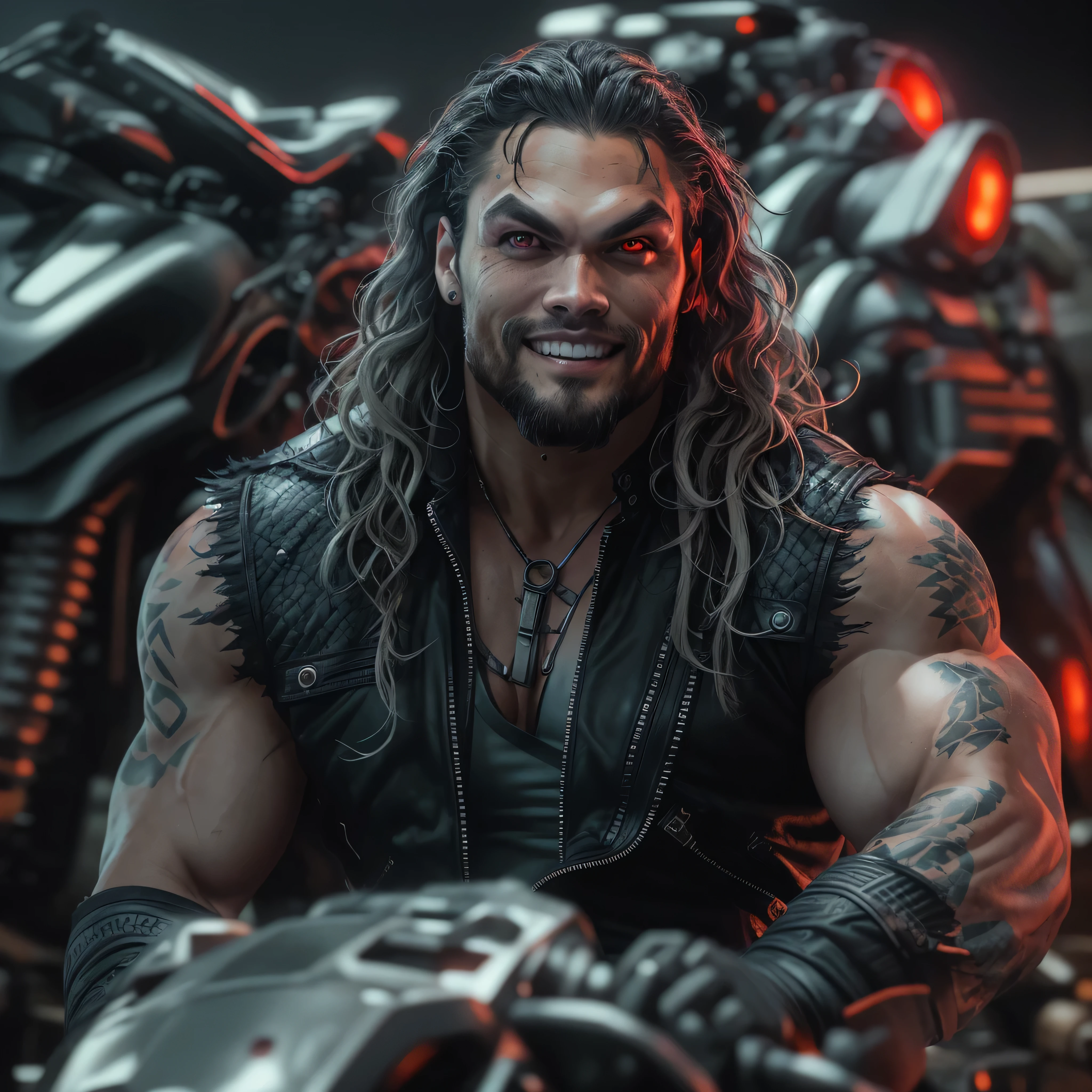 Full body image, a photo of Jason Momoa as Lobo from DC comics, Evil grin, muscular, ((((ghostly super pale skin)))), (((red eyes))), sleeveless black biker vest, riding star wars hoverbike, Intricate, High Detail, Sharp focus, dramatic, photorealistic digital art, photo-realistic, octane render, unreal engine, ultra-realistic