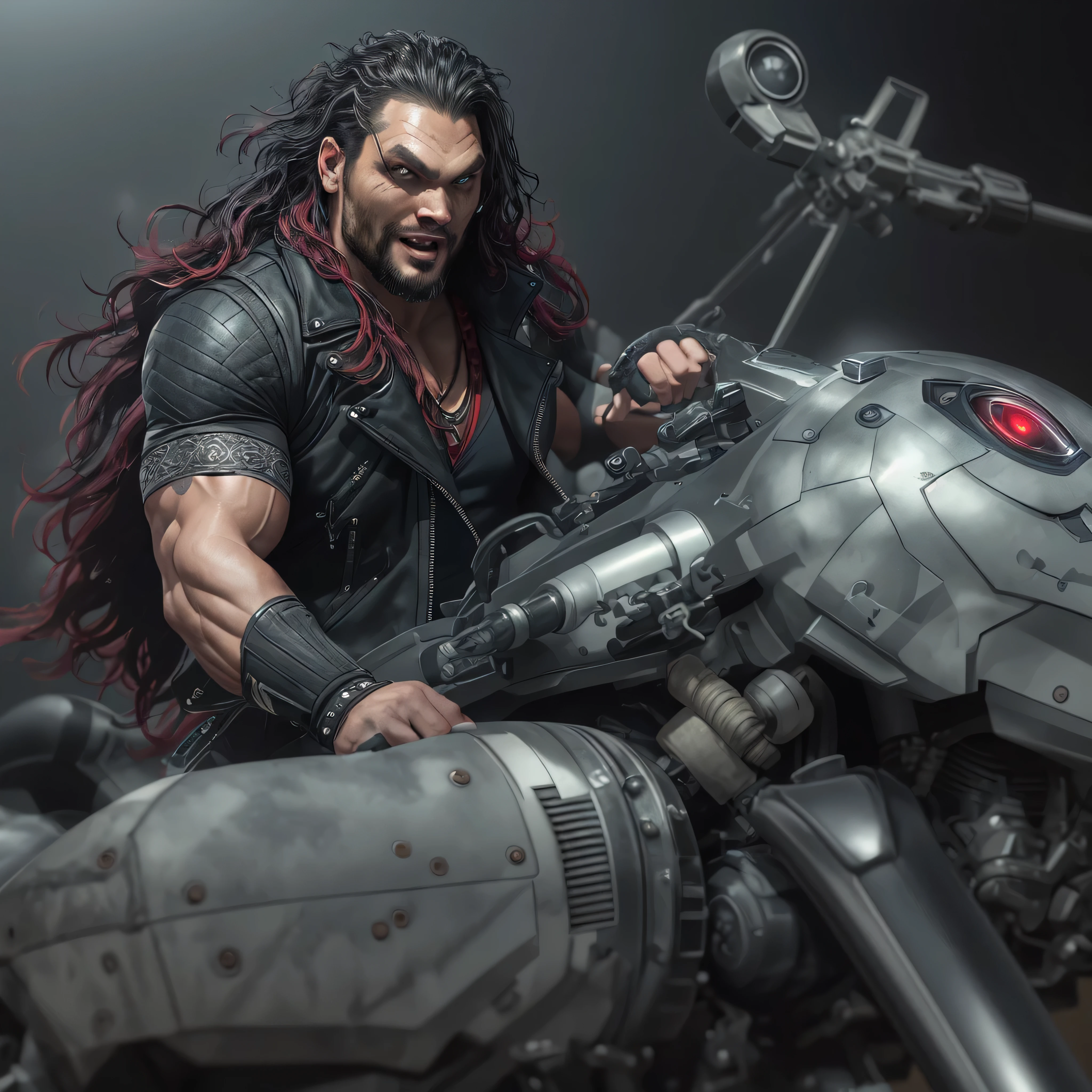 Full body image, a photo of Jason Momoa as Lobo from DC comics, Evil grin, muscular, ((((ghostly super pale skin)))), (((red eyes))), sleeveless black biker vest, riding star wars hoverbike, Intricate, High Detail, Sharp focus, dramatic, photorealistic digital art, photo-realistic, octane render, unreal engine, ultra-realistic