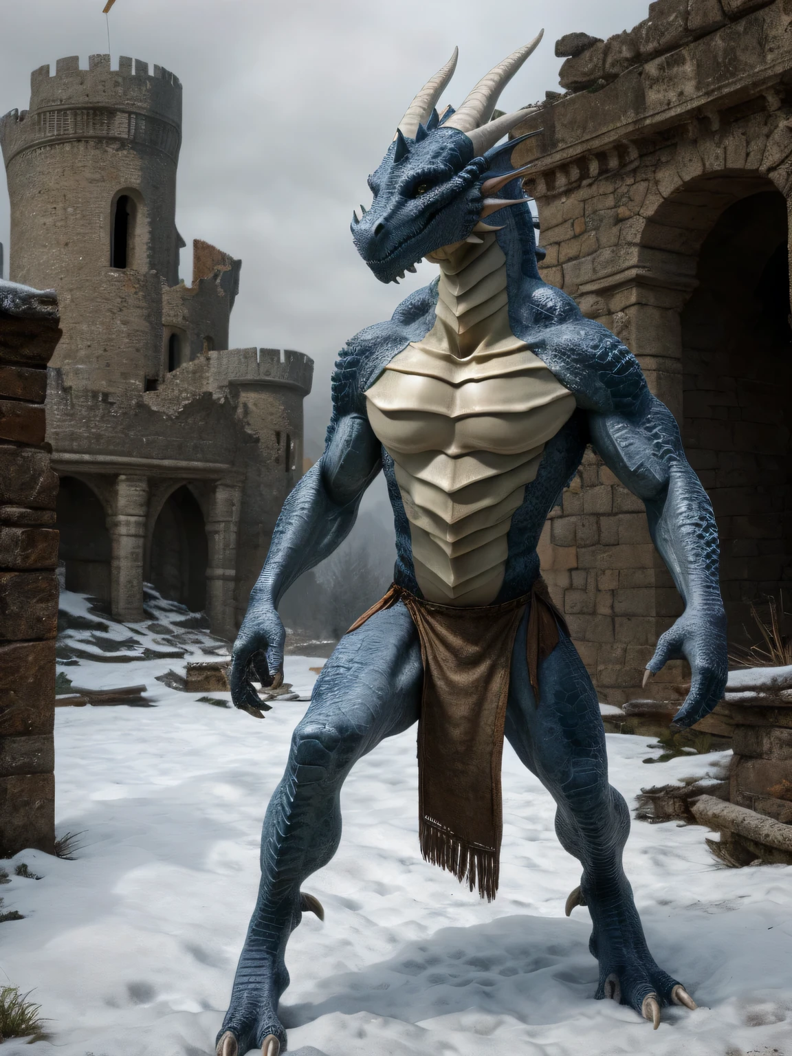 snow, photo, (active jump:1.1035), (rough rough skin:1.125) looks like (Dragon scales:1.235), ultra-realistic shading, anthropomorphic, light gray, predator, photorealistic, naked torso, delightful, (Sandro Botticelli:1.1025), Huge pectoral muscles, tribe, warrior, biceps, (Loincloth:1.15), thin waist, sweat, Slim Male, in the ruins of the castle, day, winter