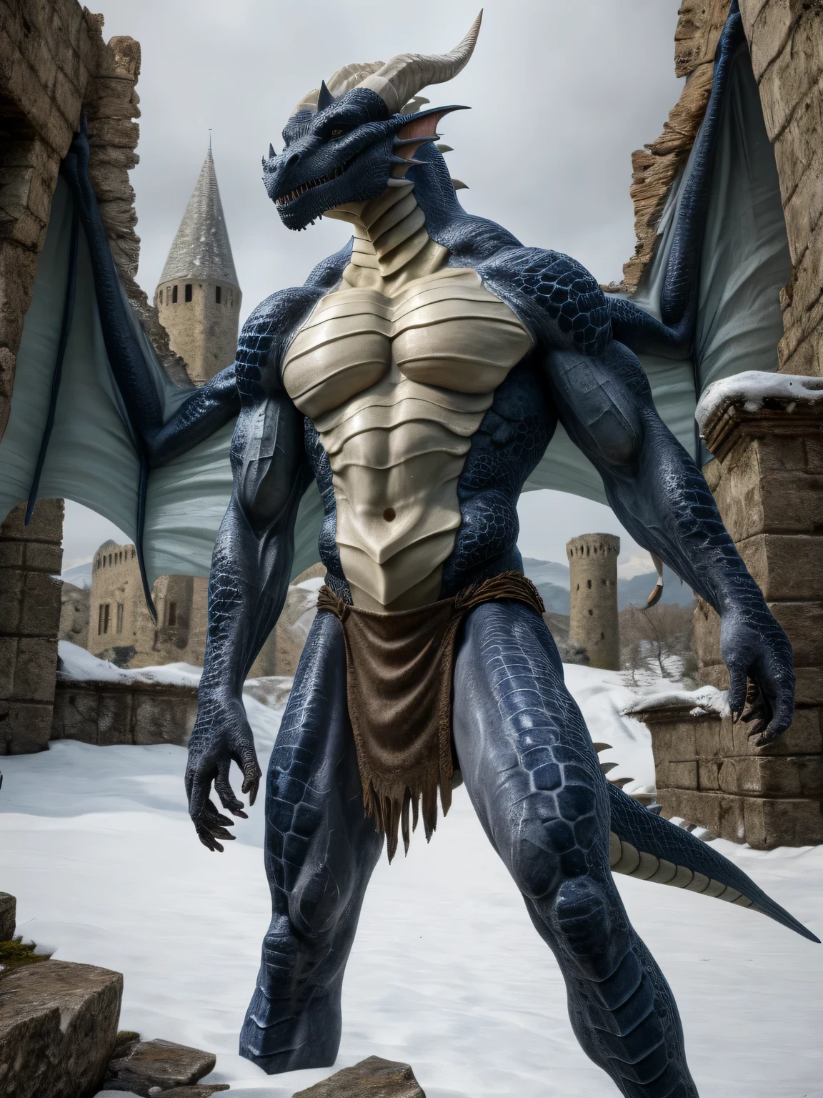 snow, photo, (active jump:1.1035), (rough rough skin:1.125) looks like (Dragon scales:1.235), ultra-realistic shading, anthropomorphic, light gray, predator, photorealistic, naked torso, delightful, (Sandro Botticelli:1.1025), Huge pectoral muscles, tribe, warrior, biceps, (Loincloth:1.15), thin waist, sweat, Slim Male, in the ruins of the castle, day, winter