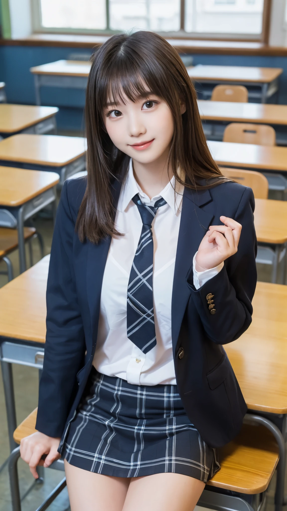 Stand in the classroom of school2fashi-girl,red tie uniform,Dark Blue Closed Blazer,Blue plaid mini skirt,18-year-old,bangs,a little smile,thighs,knees,from below,random pose,pretty girl,slender girl,