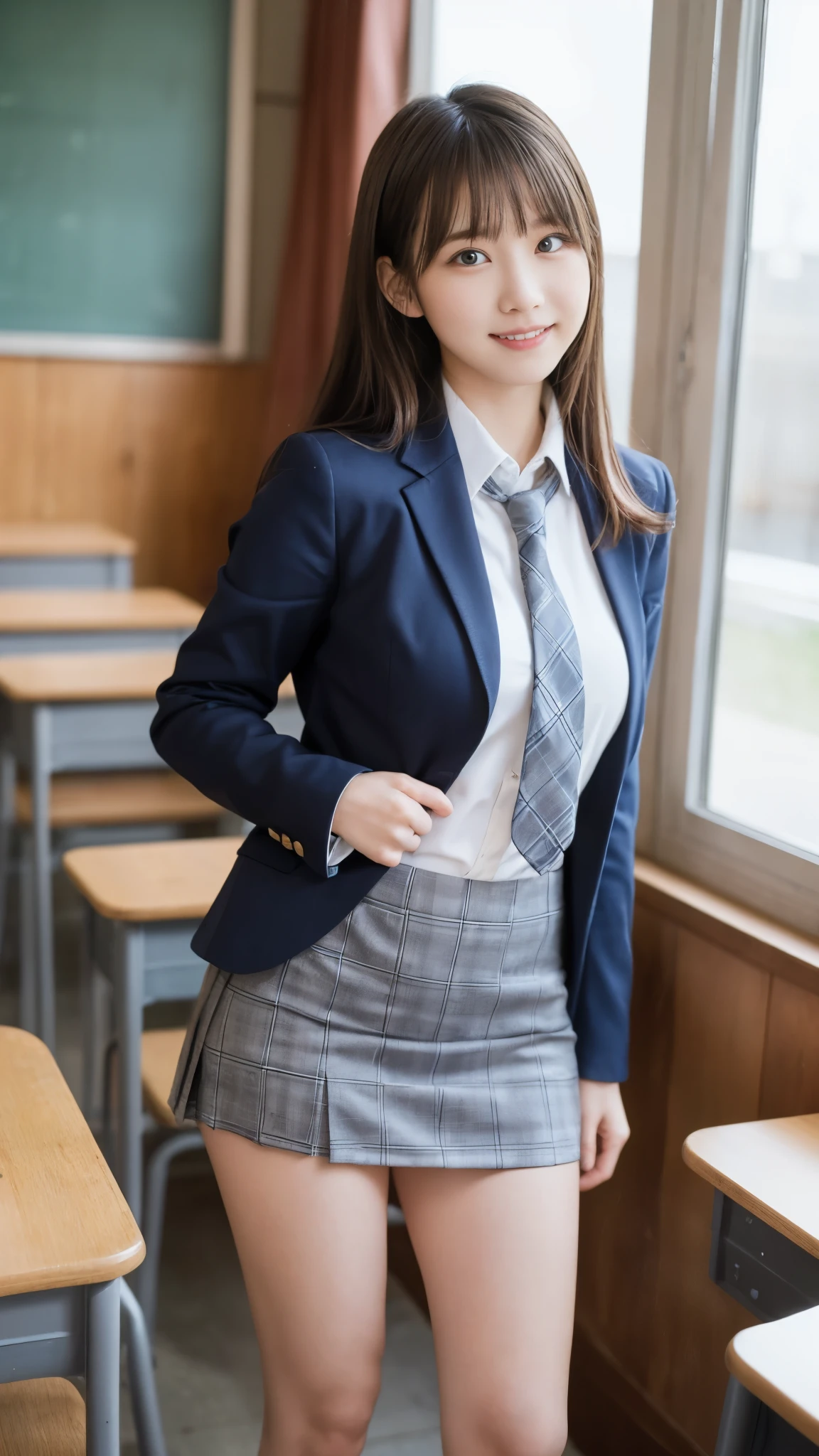 Stand in the classroom of school2fashi-girl,red tie uniform,Dark Blue Closed Blazer,Blue plaid mini skirt,18-year-old,bangs,a little smile,thighs,knees,from below,random pose,pretty girl,slender girl,