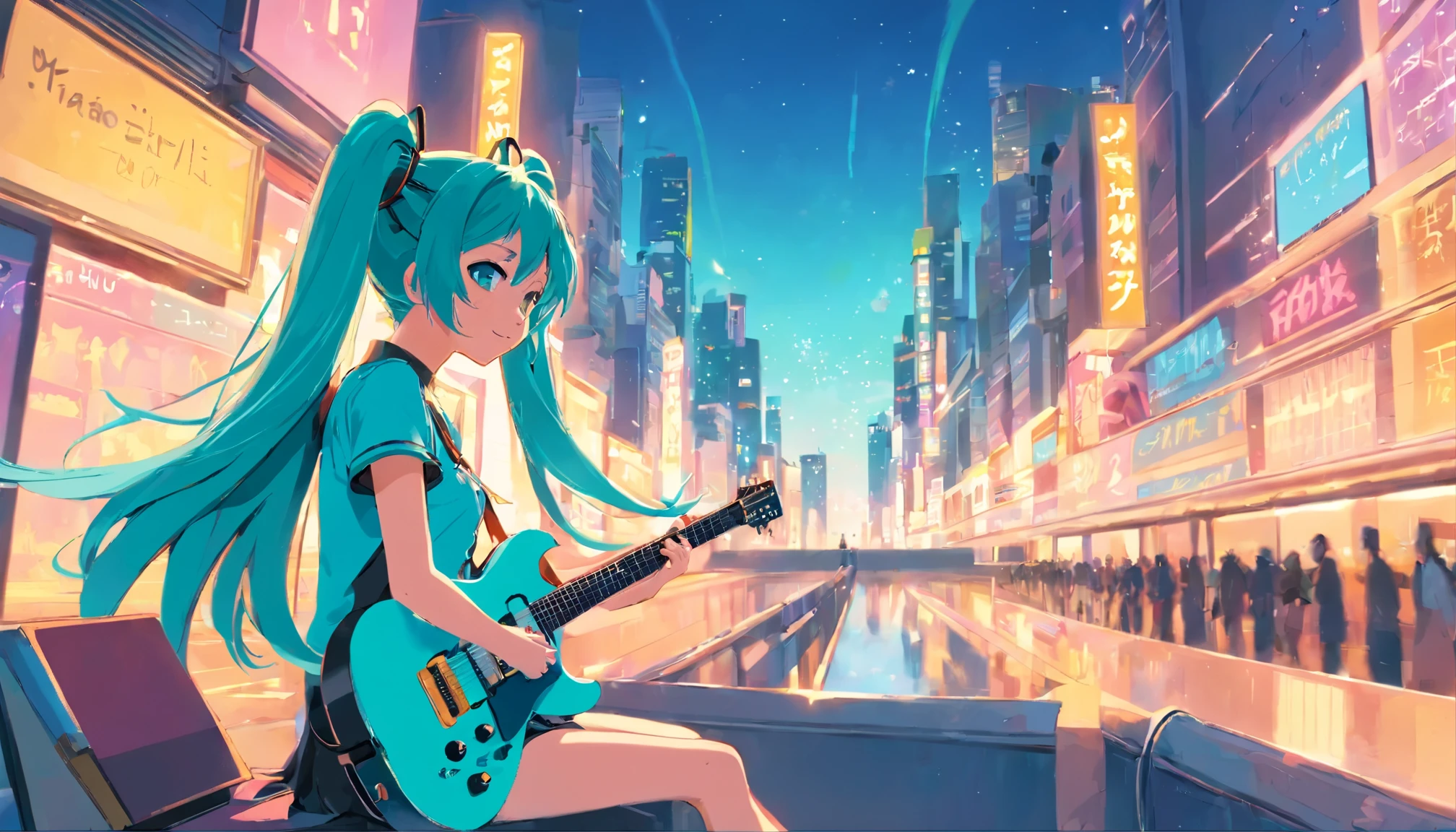 Hatsune Miku playing the guitar les paul composing songs in the computer, Pastel retro aesthetic city colors