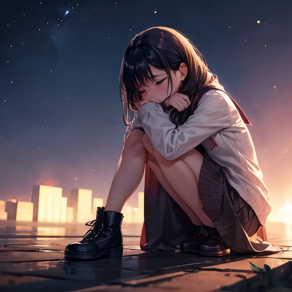 A girl cries as she falls to the ground because she lost someone dear at night