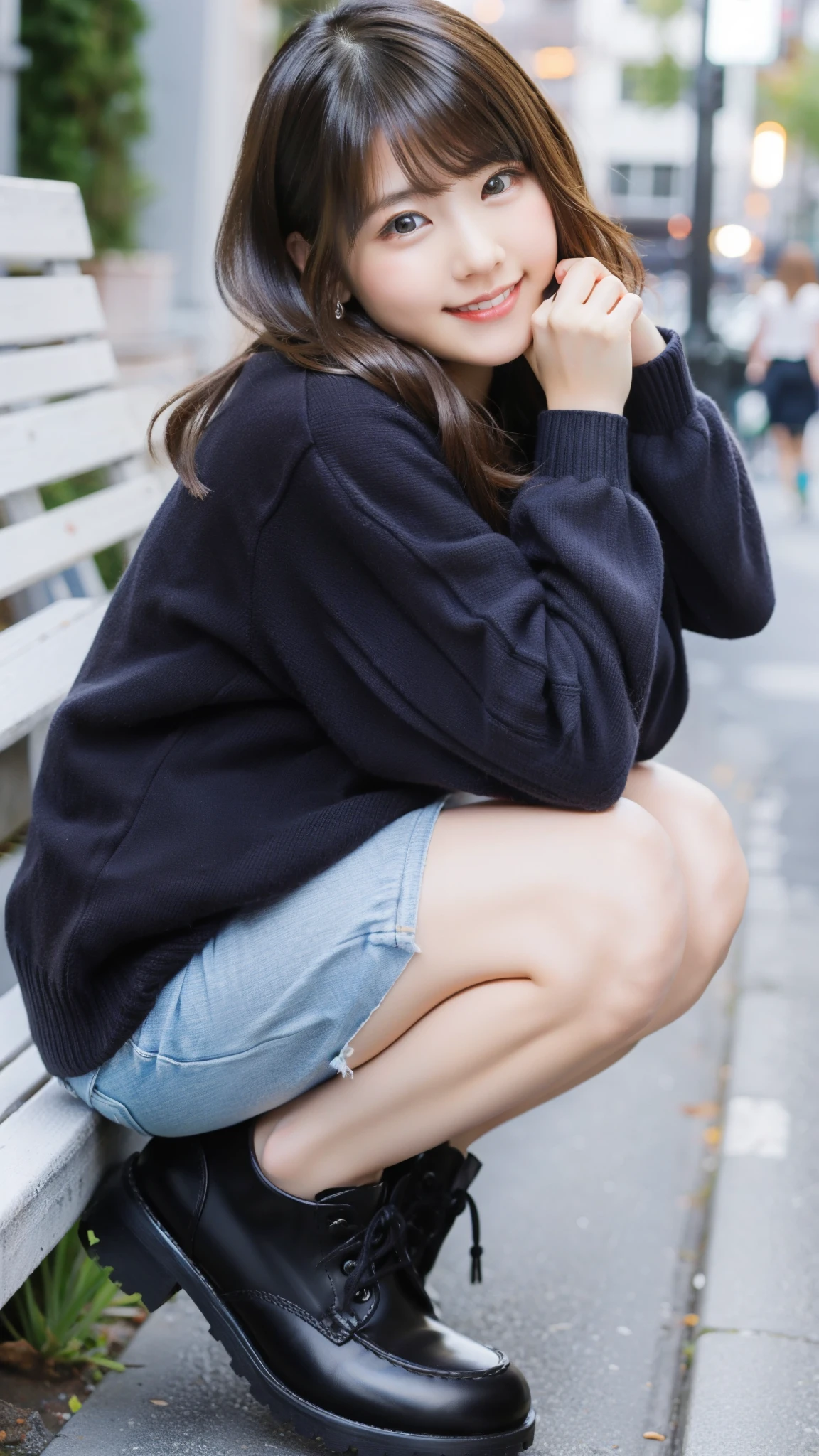 Photo taken by a professional photographer，laughter:1.5，Close-up of a woman squatting on the sidewalk, wearing a sweater, Short-cut brown hair, hair is disheveled，young and cute girl, Wearing a super super super super super super super mini skirt:1.5，Wear stylish boots，sit on a park bench:1.5，Fancy makeup with red eyeshadow，Beautiful thighs are visible，looking at me，Low - Angle，
