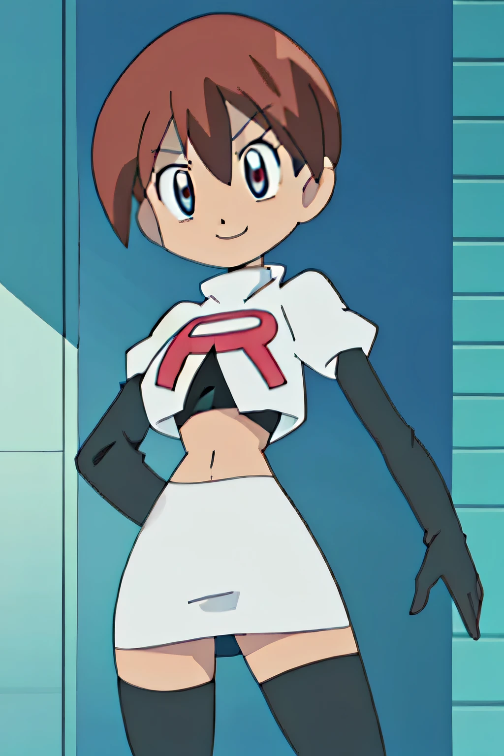 8k, anime screencap,1girl in, (solo:1.2), (perfect body:1.1), (best quality:1.1), very large breast, team rocket uniform, red letter r, white skirt,white crop top,black thigh-high boots, black elbow gloves, evil smile, looking down at viewer, hands on hips,zettai ryouiki,