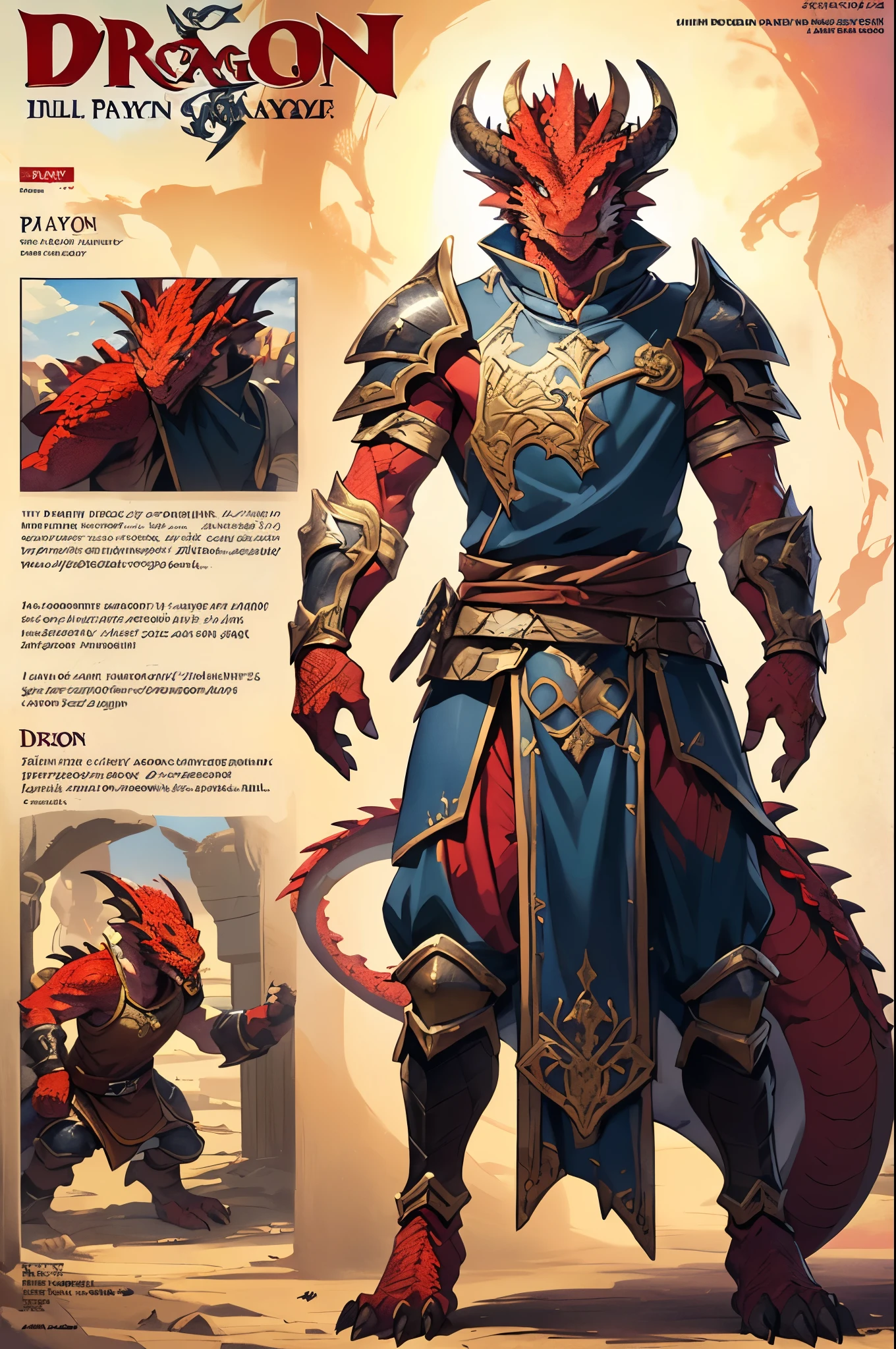 masterpiece, (1girl:1), extremely detailed female character, full body shot, best quality, dnd, dungeons and dragons, (thin, athletic, pointy ears), (red dragonborn, anthro, horns, red eyes, scales skin, damaged), (magazine title, text, "Play Dragon", "PlayИoy", "Play", "Dragon":1.5), (magazine:1.3), medieval era, fantasy clothes, anime style, (medieval fantasy full plate small paladin cloth, paladin warrior, action pose), (nsfw:0.75)