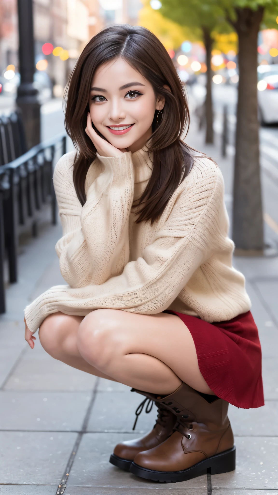 Photo taken by a professional photographer,laughter:1.5,Close-up of a woman squatting on the sidewalk, wearing a sweater, Short-cut brown hair, hair is disheveled,young and cute girl, Wearing a super super super super super super super mini skirt:1.5,Wear stylish boots,sit on a park bench:1.5,Fancy makeup with red eyeshadow,Beautiful thighs are visible,