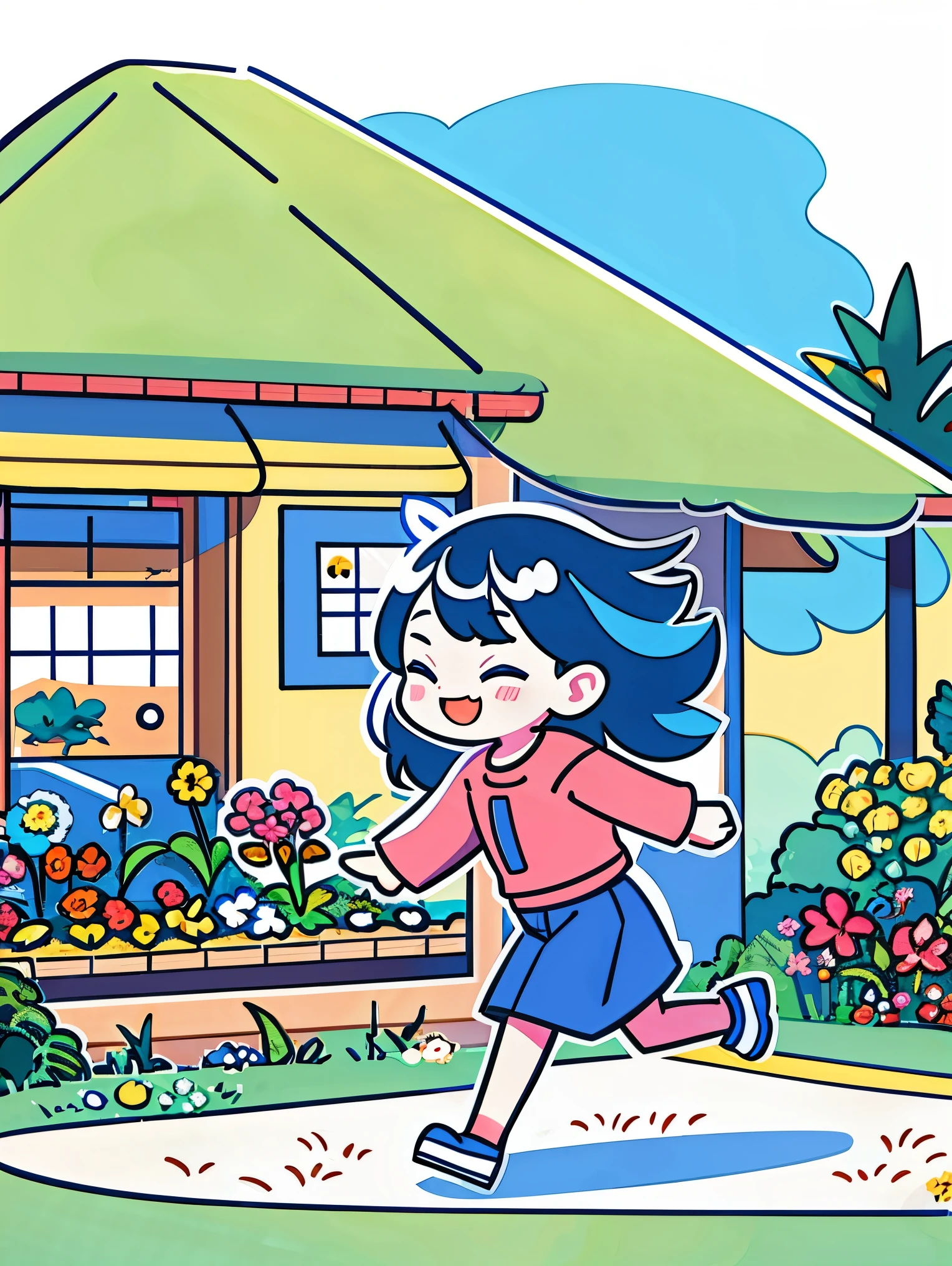 Flattening,UI vector style, 1 girl,绿色garden,running,rosy cheeks,bright smile,wearing casual,cozy clothings,garden,On the grass,blue sky,dense with greenery,flowers bloom, Bright colors,Cheerful atmosphere,Simple illustration,smooth line art, Minimalism, White background,graphic design aesthetics,flat illustration