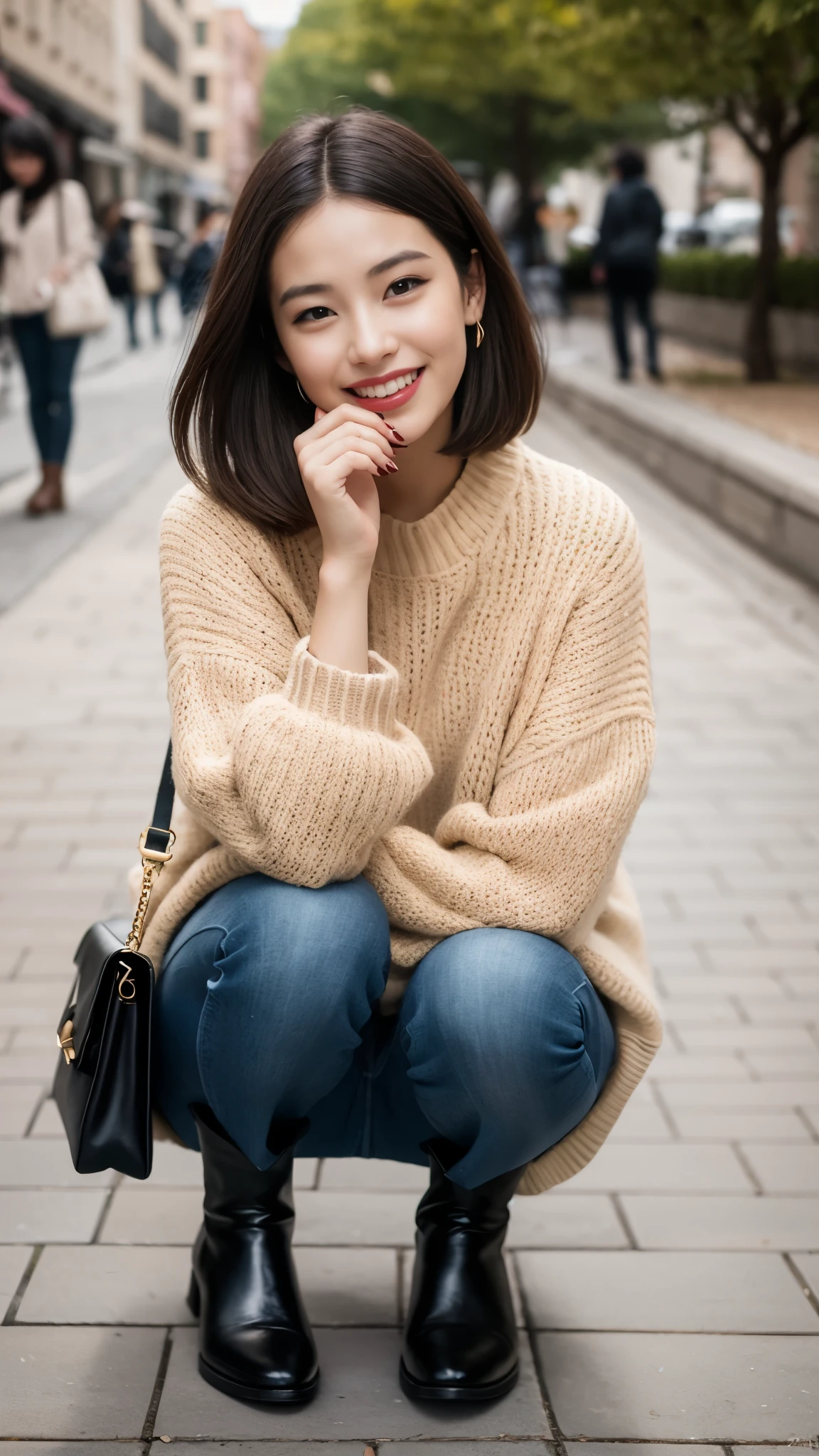 Photo taken by a professional photographer,laughter:1.5,Close-up of a woman squatting on the sidewalk, wearing a sweater, Short-cut brown hair, hair is disheveled,young and cute girl, Wearing a super super super super super super super mini skirt:1.5,Wear stylish boots,sit on a park bench:1.5,Fancy makeup with red eyeshadow,Beautiful thighs are visible,
