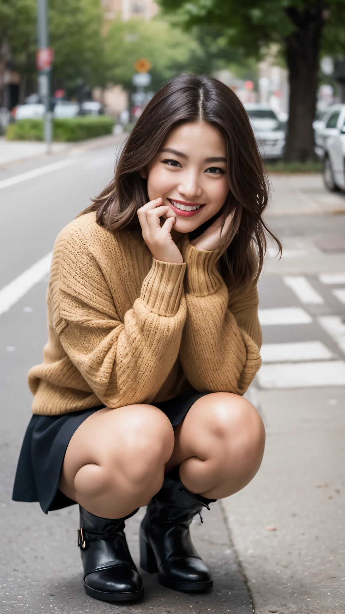 Photo taken by a professional photographer,laughter:1.5,Close-up of a woman squatting on the sidewalk, wearing a sweater, Short-cut brown hair, hair is disheveled,young and cute girl, Wearing a super super super super super super super mini skirt:1.5,Wear stylish boots,sit on a park bench:1.5,Fancy makeup with red eyeshadow,Beautiful thighs are visible,