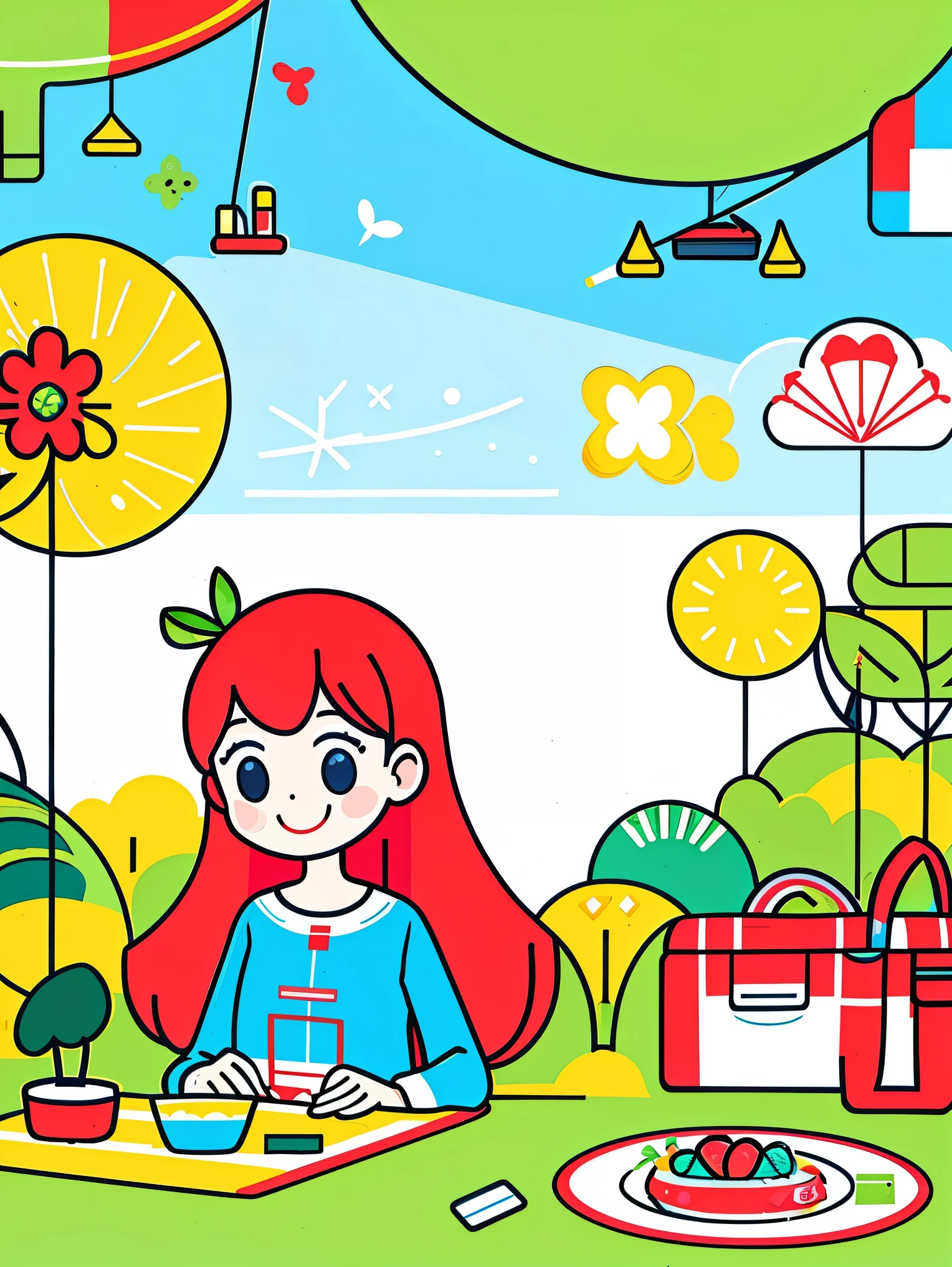 In flat UI vector style theme, Depicts a girl engaged in outdoor recreational activities, Like flying a kite in a lush green park. Girls should show enthusiasm and warm demeanor, rosy cheeks and bright smile, wearing casual, Comfortable clothing perfect for relaxed outdoor settings. The background should include beautiful, Lush park elements，like a picnic blanket on the grass, Under clear blue sky，Surrounded by green trees，flowers bloom, All presented in bright colors，Emphasis on a cheerful and inviting atmosphere. Illustrations should be simple, Smooth line art without gradients, in a minimalist way, Graphic design aesthetics on pure white background, flat illustration