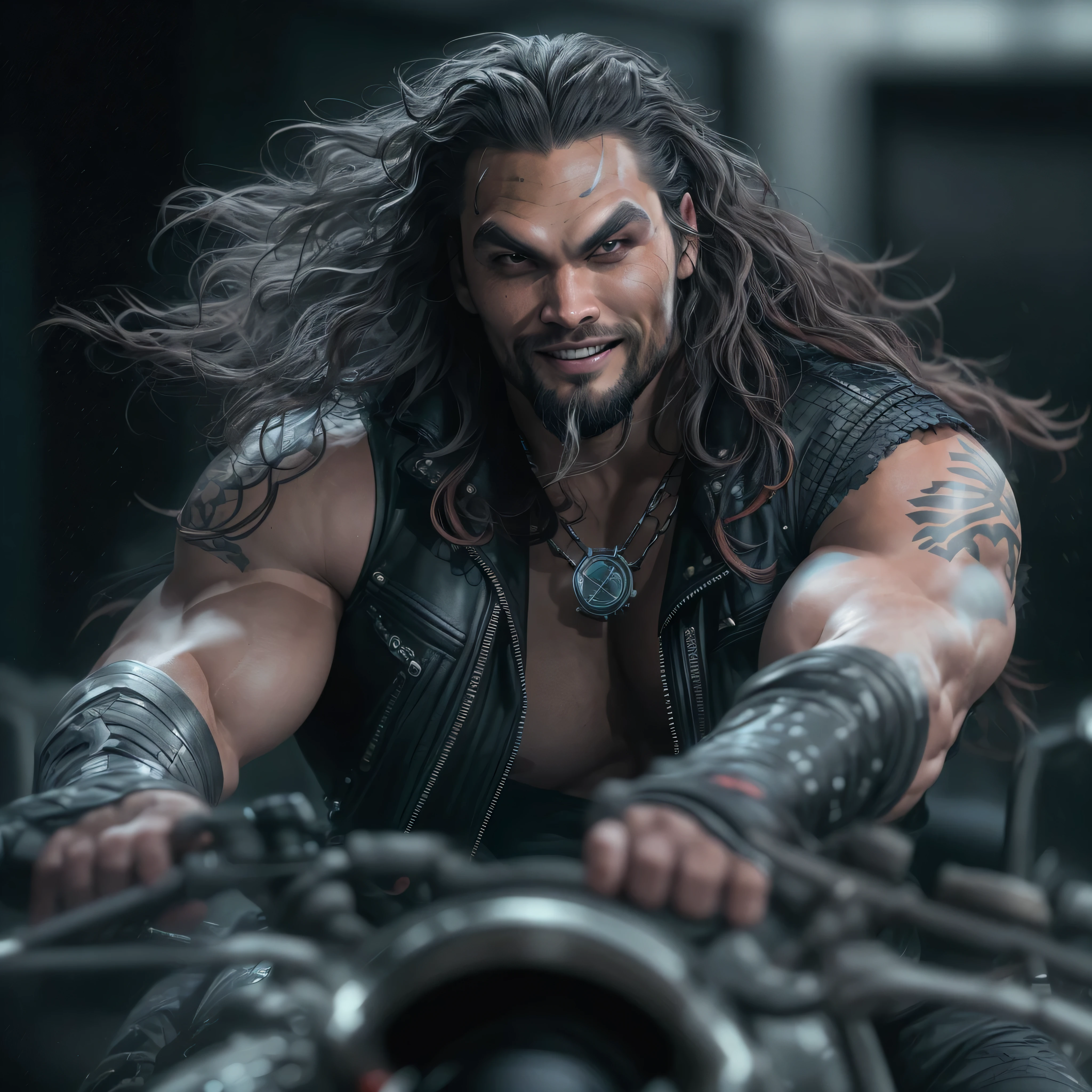 Full body image, a photo of Jason Momoa as Lobo from DC comics, Evil grin, muscular, ((((ghostly super pale skin)))), (((red eyes))), sleeveless black biker vest, riding star wars hoverbike, Intricate, High Detail, Sharp focus, dramatic, photorealistic digital art, photo-realistic, octane render, unreal engine, ultra-realistic