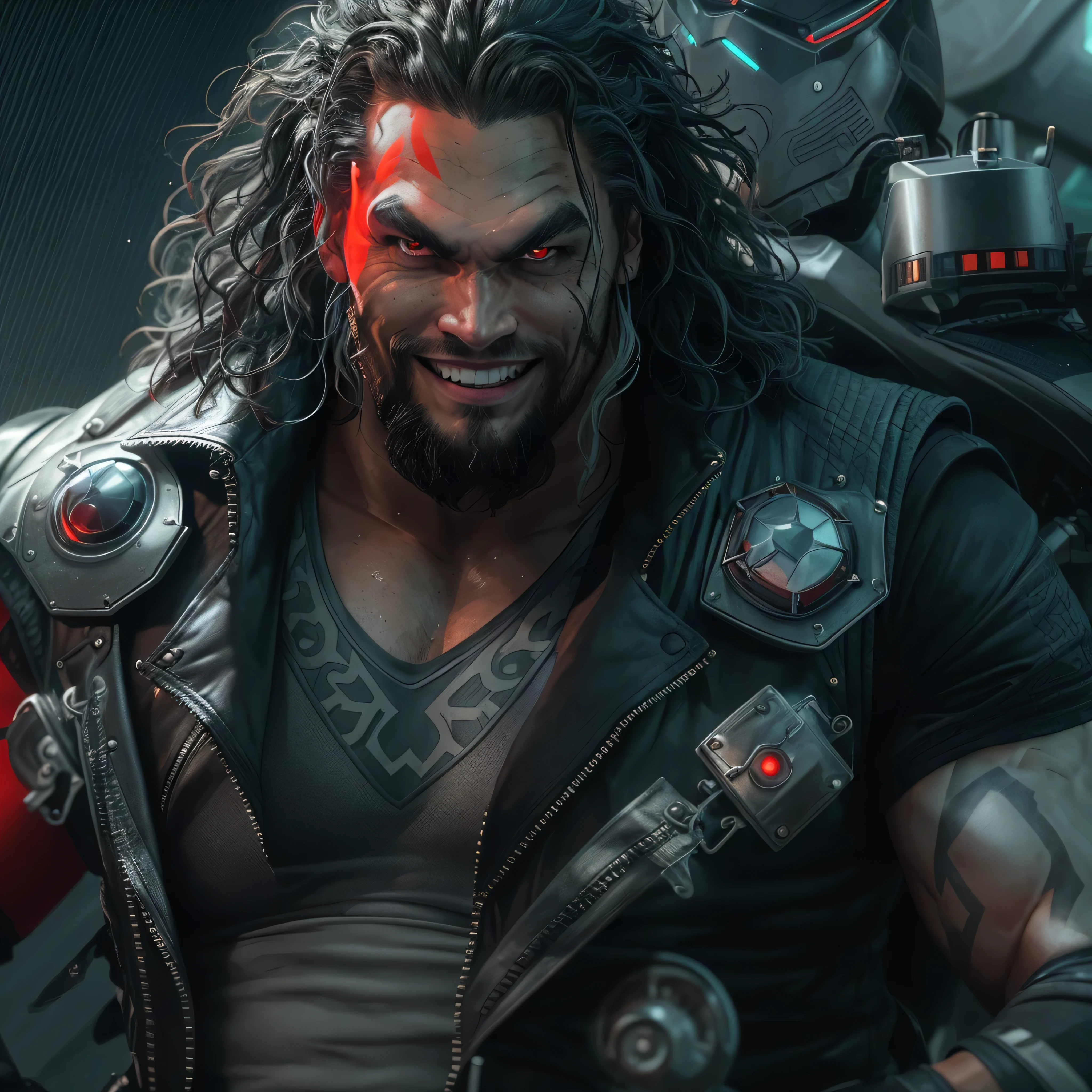 Full body image, a photo of Jason Momoa as Lobo from DC comics, Evil grin, muscular, ((((ghostly super pale skin)))), (((red eyes))), sleeveless black biker vest, riding star wars hoverbike, Intricate, High Detail, Sharp focus, dramatic, photorealistic digital art, photo-realistic, octane render, unreal engine, ultra-realistic