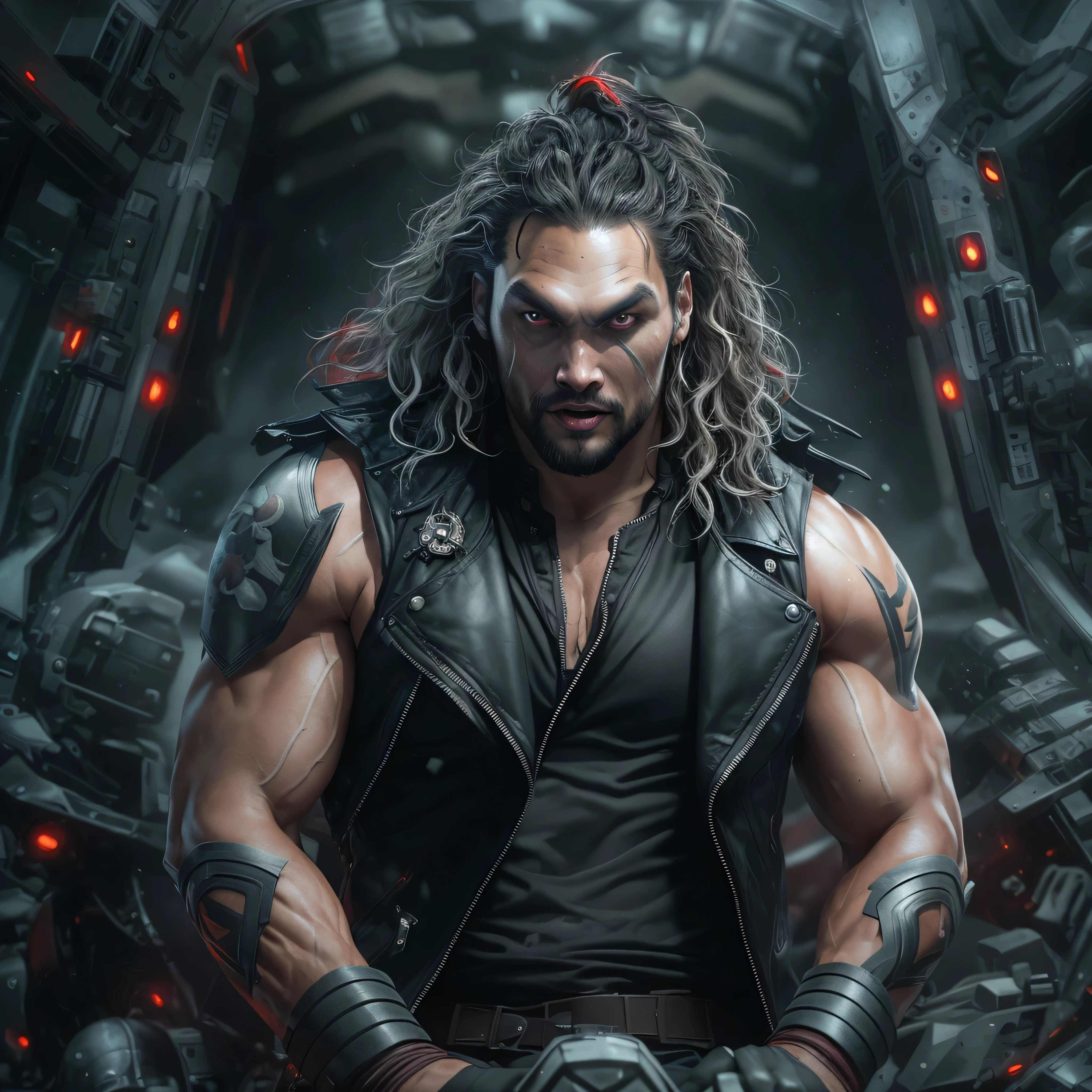 Full body image, a photo of Jason Momoa as Lobo from DC comics, Evil grin, muscular, ((((ghostly super pale skin)))), (((red eyes))), sleeveless black biker vest, riding star wars hoverbike, Intricate, High Detail, Sharp focus, dramatic, photorealistic digital art, photo-realistic, octane render, unreal engine, ultra-realistic