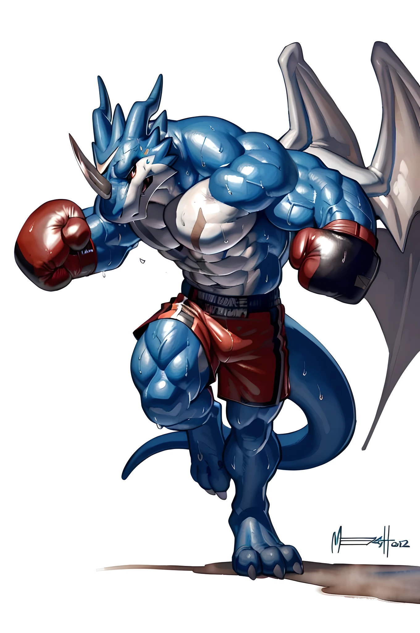 exveemon. 4k, high resolution, best quality, detailed, posted on e621, solo, anthro body, older male, masculine:1, male, very masculine, very muscular, heavyweight, (correct anatomy):1, (white background, no background:1.2), (bare torso:1.1), scales, (red boxing trunks:1.2), (red detailed boxing gloves:1.2), pair of white wings, dragon tail, correct anatomy, big feet, thick feet, (detailed eyes:1.2), sexy, (cel shaded:1.2), (sweat:1.5) shiny muscles, cartoony shading, (watercolors:1.2), strong shadows, confident, (vascular, veins:1.1), (full body):1, action pose, boxing pose, (by takemoto arashi, by meesh, by Taran Fiddler)