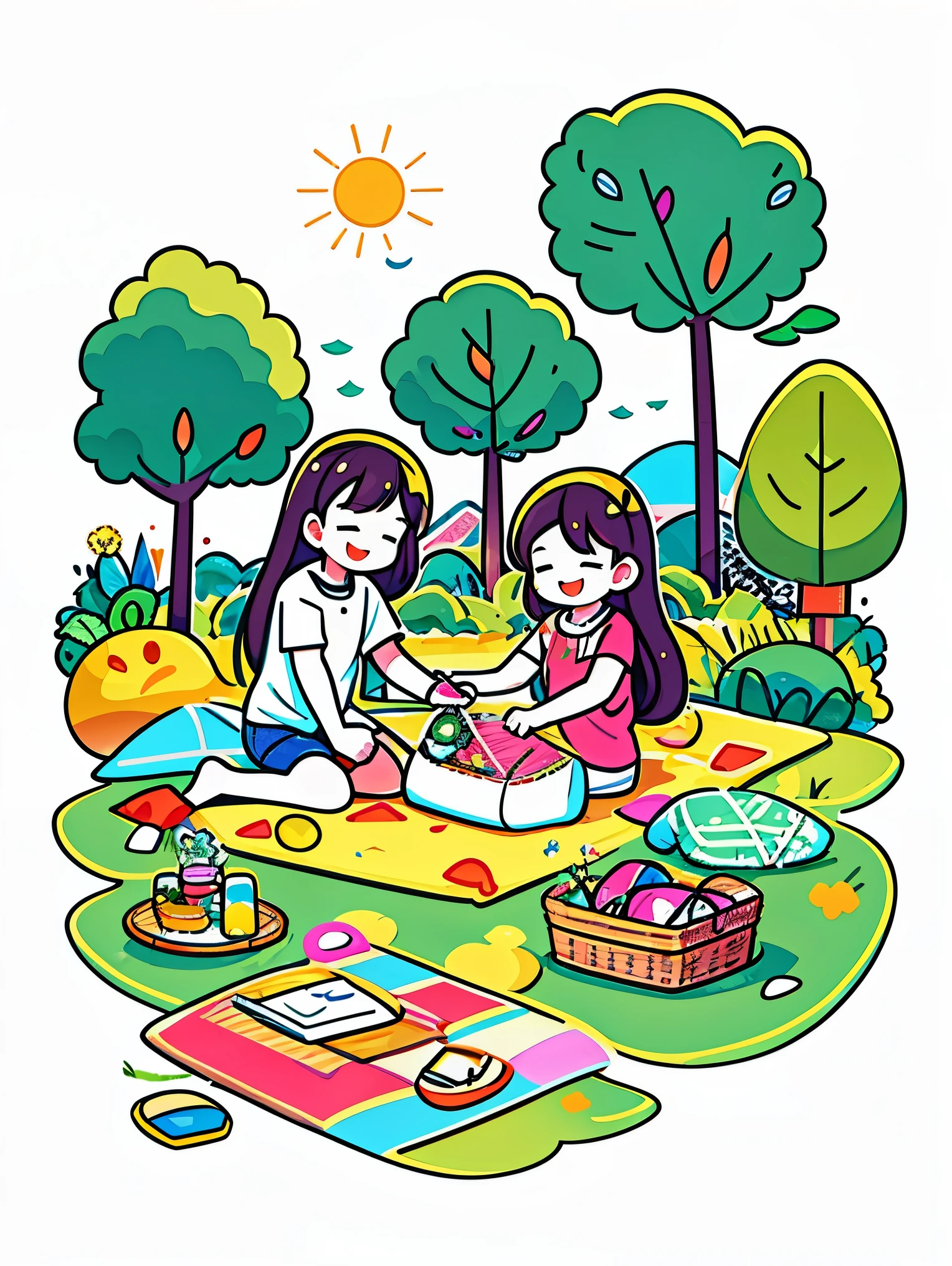 In flat UI vector style theme, Depicts a girl engaged in outdoor recreational activities, Like flying a kite in a lush green park. Girls should show enthusiasm and warm demeanor, rosy cheeks and bright smile, wearing casual, Comfortable clothing perfect for relaxed outdoor settings. The background should include beautiful, Lush park elements，like a picnic blanket on the grass, Under clear blue sky，Surrounded by green trees，flowers bloom, All presented in bright colors，Emphasis on a cheerful and inviting atmosphere. Illustrations should be simple, Smooth line art without gradients, in a minimalist way, Graphic design aesthetics on pure white background.