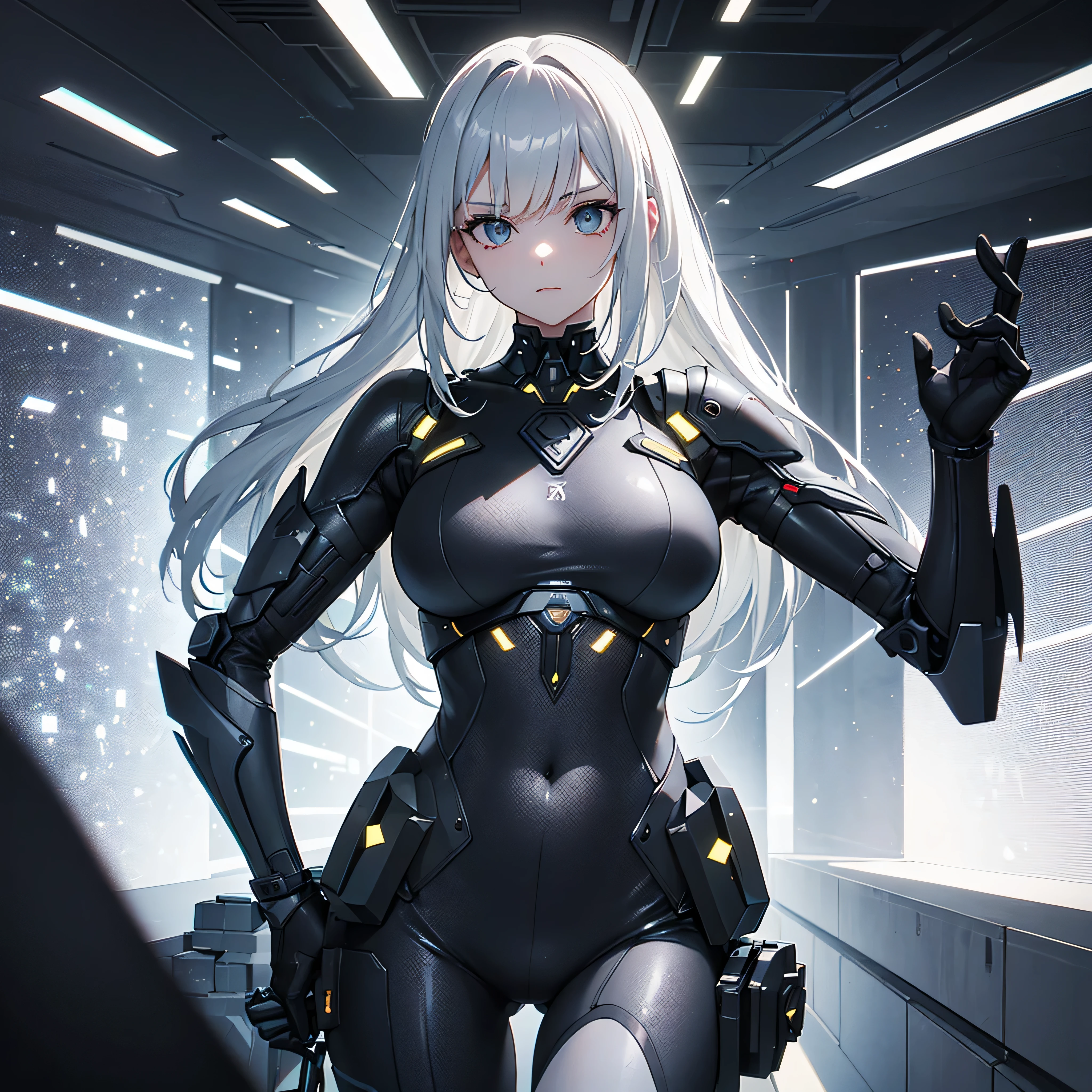  28-year-old woman wearing black tech dress in combat pose , uma mulher de longos cabelos negros, peitos grandes, seios grandes, buceta, bunda grande, seios grandes gigantes, decote, agressividade, sem orelhas de animal, (boca:1.16) fechado, olhos equilibrados, (，Rosto delicado, bonito e delicado，Olhos delicados, bonitos e delicados，profundidade de campo，ray tracing，（（melhor qulity））， （（A obra-prima））， （Muito detalhado：1.3）， 3D， Shitu-Mecha， Beautiful mature cyberpunk woman in the ruins of a city of forgotten wars， Tecnologia Antiga， HDR（High-range dynamics）， ray tracing， NVIDIA RTX， The ultra-Resolution， Irreal 5， underground dispersal， Textura PBR， post-processed， Anisotropic filtering， profundidade de campo， Maximum clarity and sharpness， Textura Multicamadas， Albedo e mapas Speculares， Surface coloring，Accurately simulate interactions between lightweight materials，perfeitamente proporcionado，octanagem renderizada，two tone lighting，ISO baixo，White balance，tricotomia，grande abertura，8K CRU，Subpixel eficiente，sub-pixel convolution，luminescent particles，Light Dispersion，T