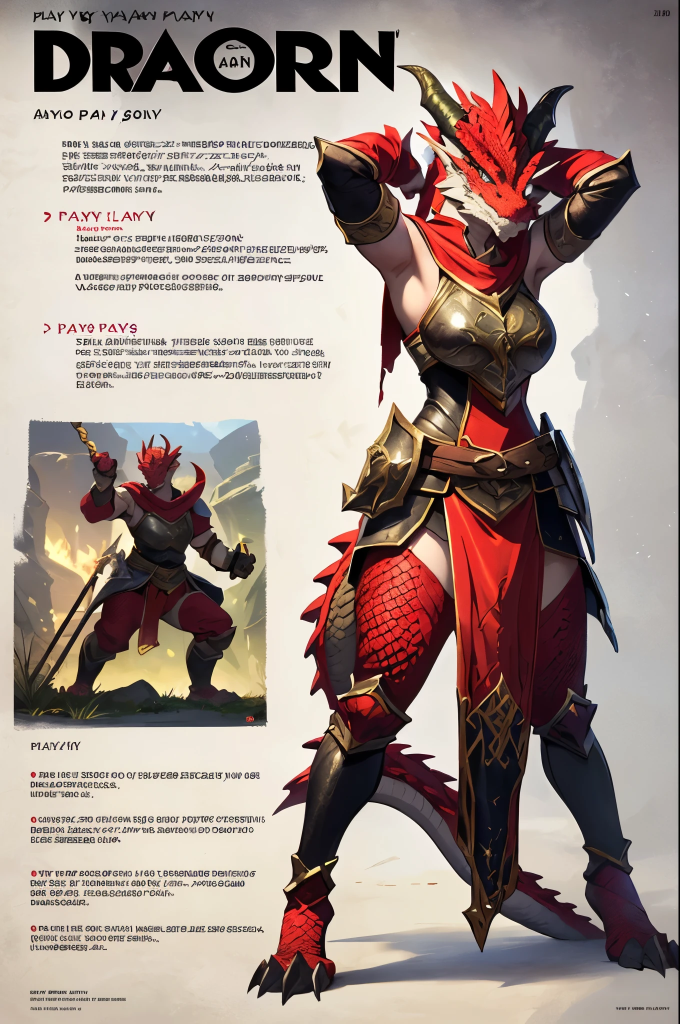masterpiece, (1girl:1.5), extremely detailed female character, full body shot, best quality, dnd, dungeons and dragons, (thin, athletic, pointy ears), (red dragonborn, anthro, horns, red eyes, scales skin, damaged), (magazine title, text, "Play Dragon", "PlayИoy", "Play", "Dragon":1.5), (magazine:1.3), medieval era, fantasy clothes, anime style, (medieval fantasy full plate small paladin cloth, paladin warrior, action pose), (nsfw:0.75)