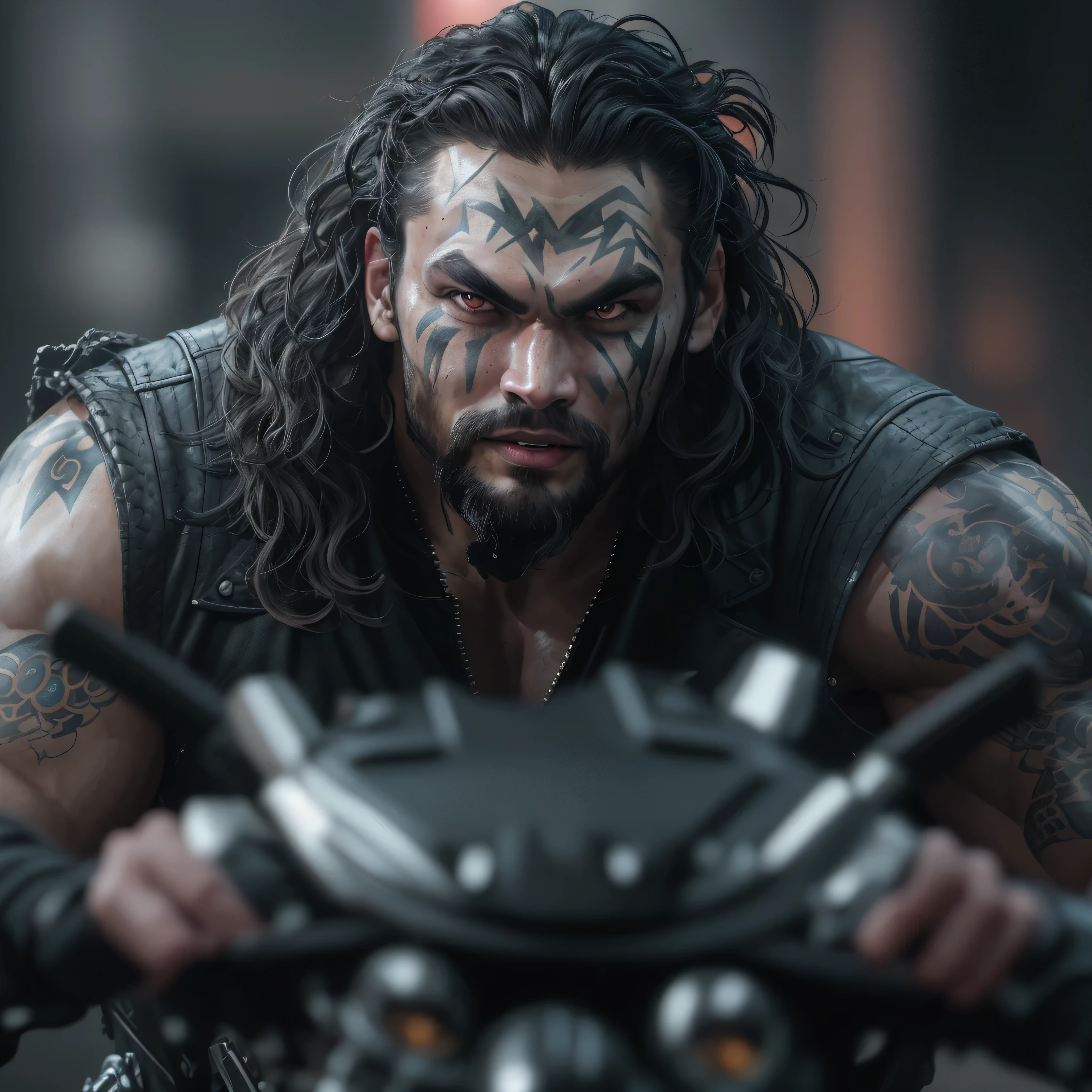 Full body image, a photo of Jason Momoa as Lobo from DC comics, Evil grin, muscular, ((((ghostly super pale skin)))), (((red eyes))), sleeveless black biker vest, riding star wars hoverbike, Intricate, High Detail, Sharp focus, dramatic, photorealistic digital art, photo-realistic, octane render, unreal engine, ultra-realistic