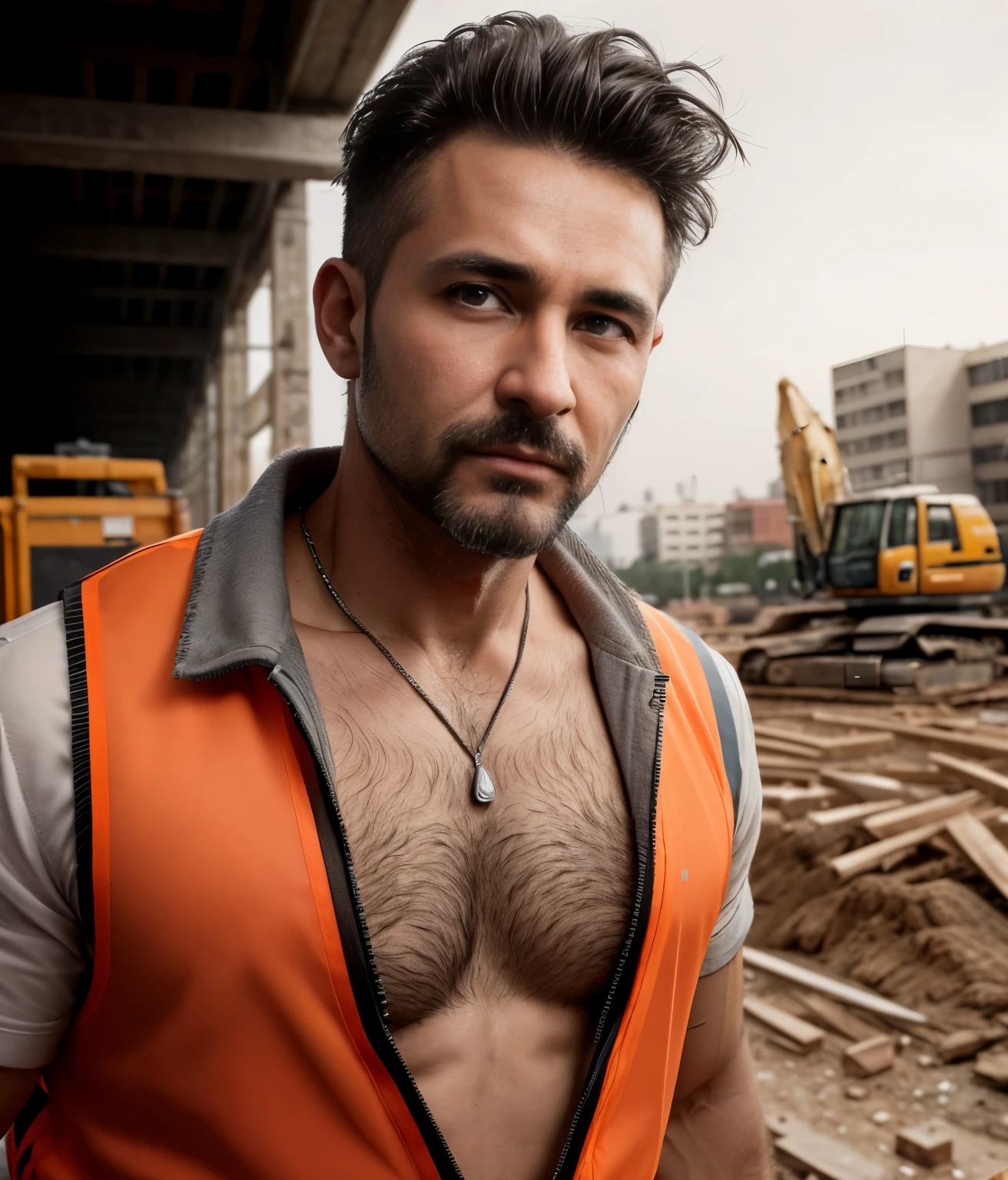 masterpiece, best quality, high resolution, closeup portrait, male focus, solo focus, A man, 45 years old, with construction worker uniform, unbuttoned work clothes, construction worker, silver grey hair, messy hairstyle, cute and seductive face, bare chest, body hair, facial hair, roman nose, sweaty, spreading legs, hairy armpit, pubic hair, seductive, very skinny body, hairy legs, dimples, beard, goatee, bold jawline , in the background a construction site, orange safety vest, gay , erotic, view from below, amazing composition, front view, HDR, ultra quality, elegant, highly detailed