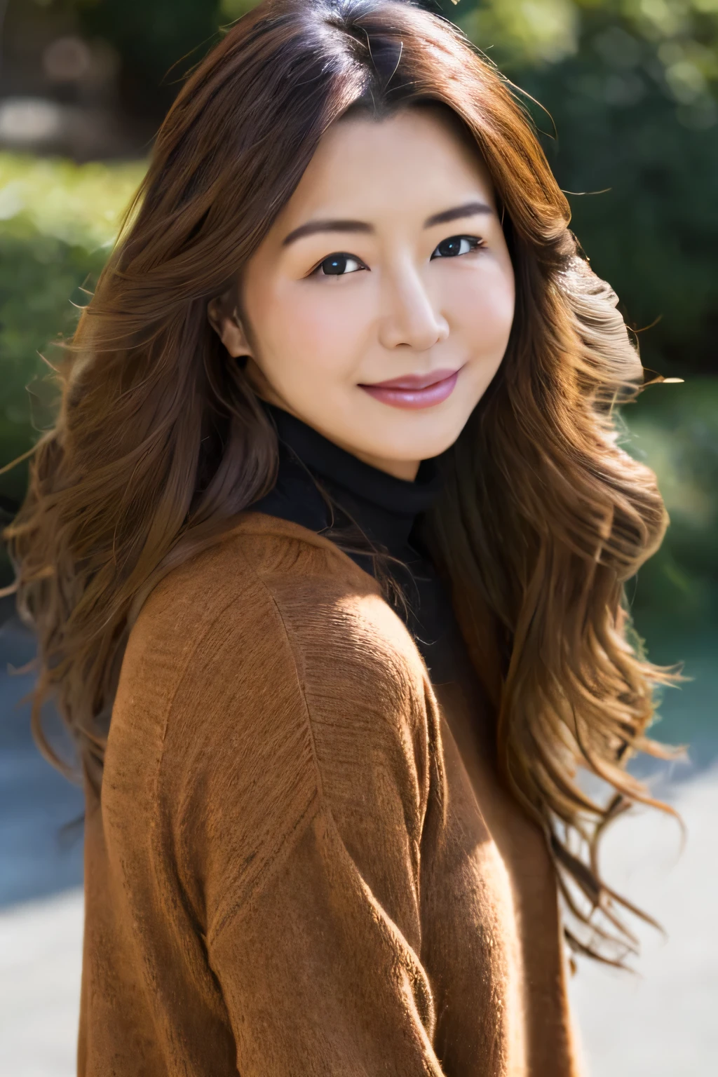 ((highest quality, 8K, masterpiece, portrait: 1.3)), (Viewer Display), photorealism, sharp focus, alone, Japan Moro Islamic Liberation Front, beauty,  28 years old, curly hair, wrinkles around the eyes, high neck sweater ((stand on one leg)), walk in the park,