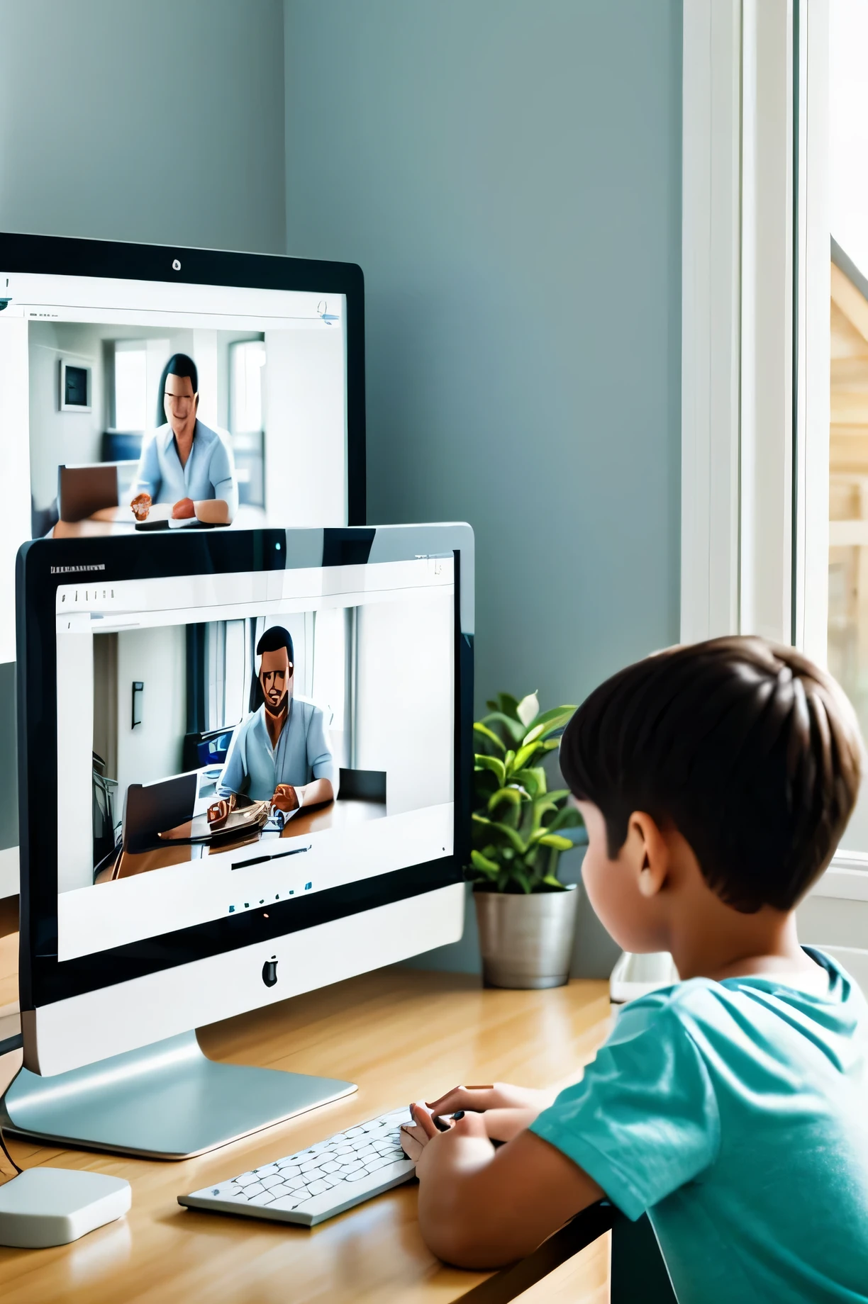 Show a close-up view of a computer in a house with a simple background on a table, and in the corner, show pictures of people in a family looking closely at the monitor screen together. And show that life goes on
​