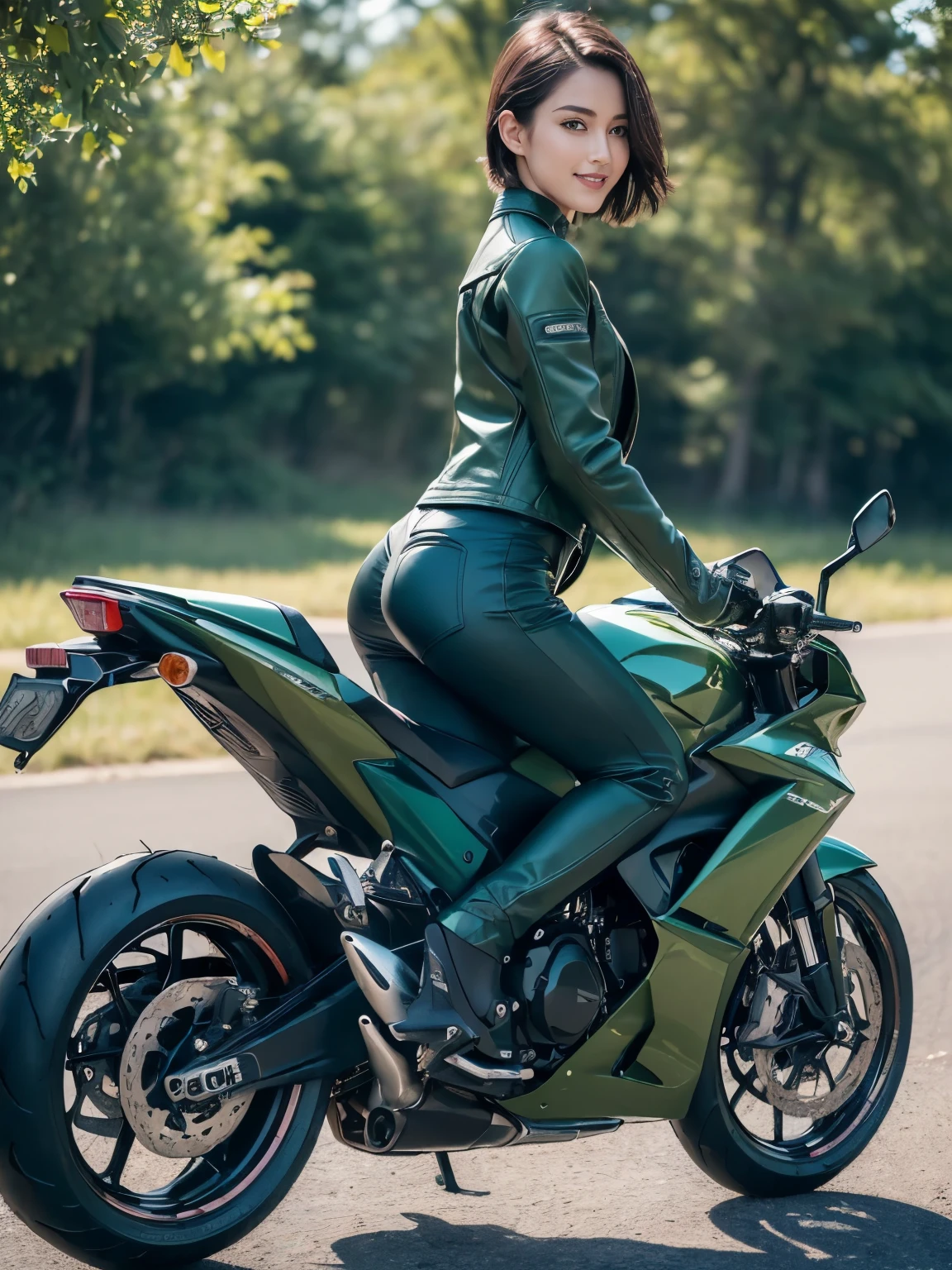 ((highest quality, 8K, masterpiece: 1.3)), sharp: 1.2, perfect body beauty: 1.4,(((woman riding a motorcycle))),slender body,((Dark green long sleeve motorcycle jacket and black long pants)),Highly detailed face and skin texture,((full body shot)),Natural light,smile、short hair