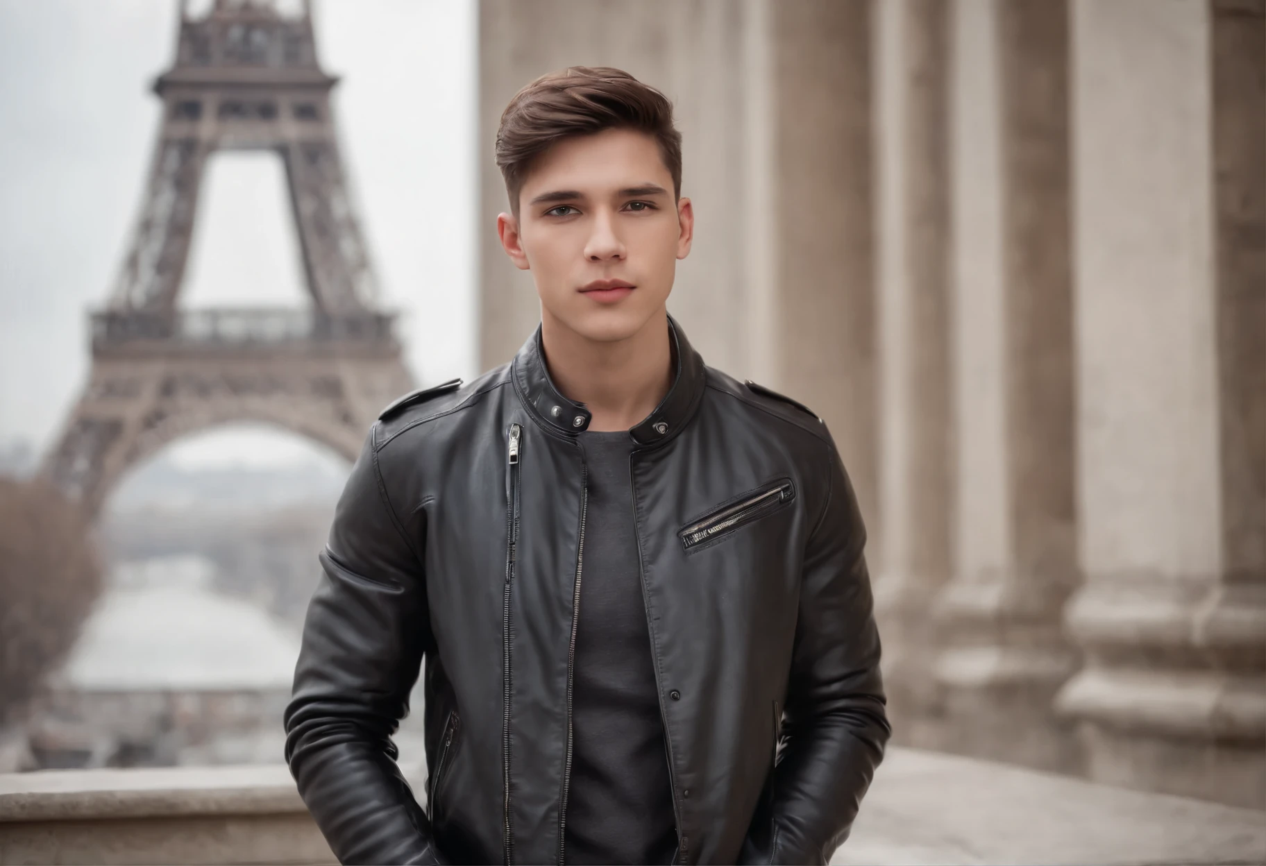 YOUNG MAN WITH SHORT HAIR, WEARING A LEATHER JACKET, JEANS, SHOES, POSING WITH THE BACKGROUND OF THE EFIEL TOWER, SUPER SHARP HD IMAGE, TAKEN WITH THE MOST EXPENSIVE CAMERA.