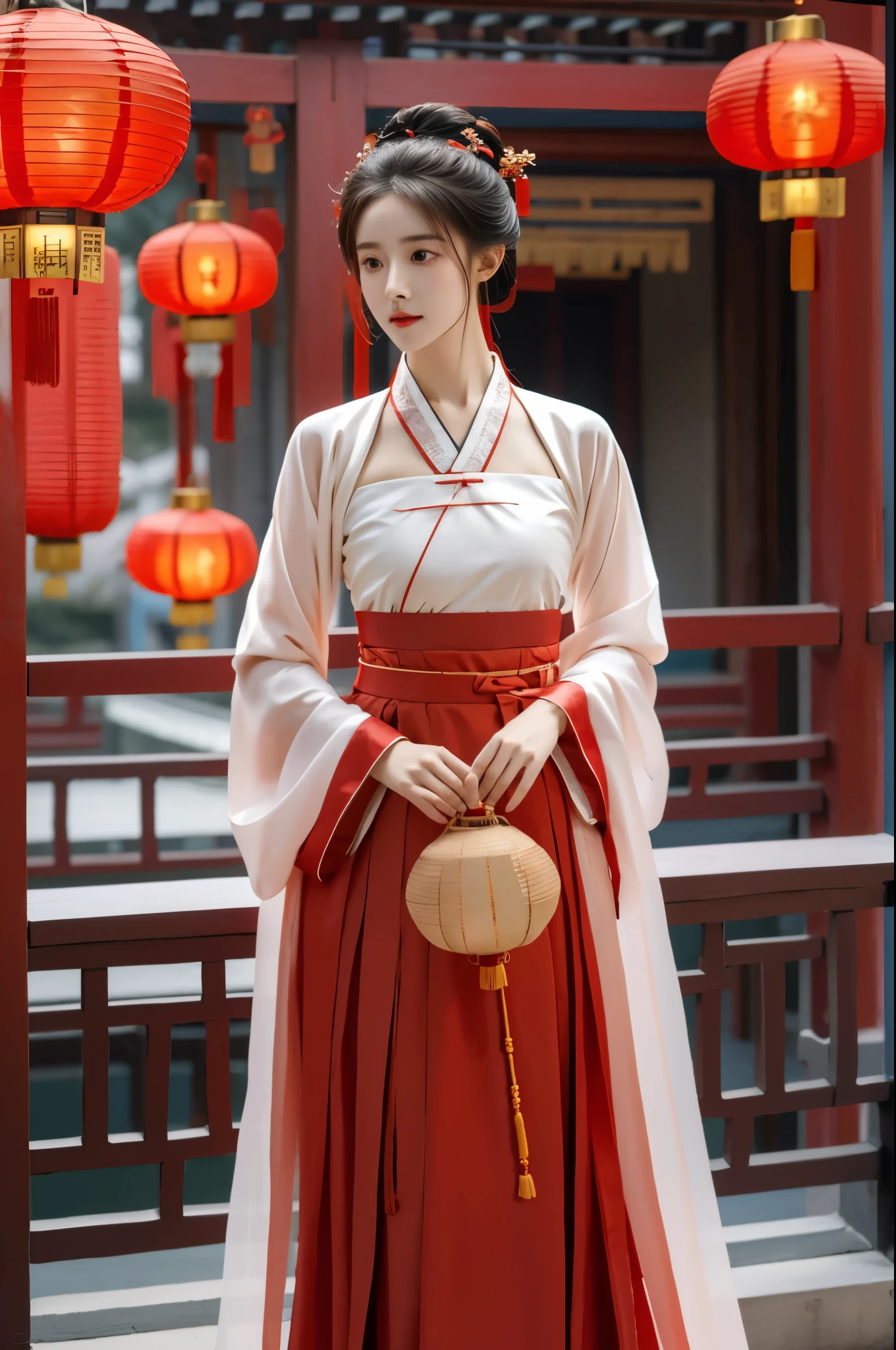 (masterpiece), (best quality), RAW photo, photography, lens fare, hanfu-song, hanfu, song theme, bandeau, tube top,, red hanfu, Chines traditional clothes, red lantern, lunar new year