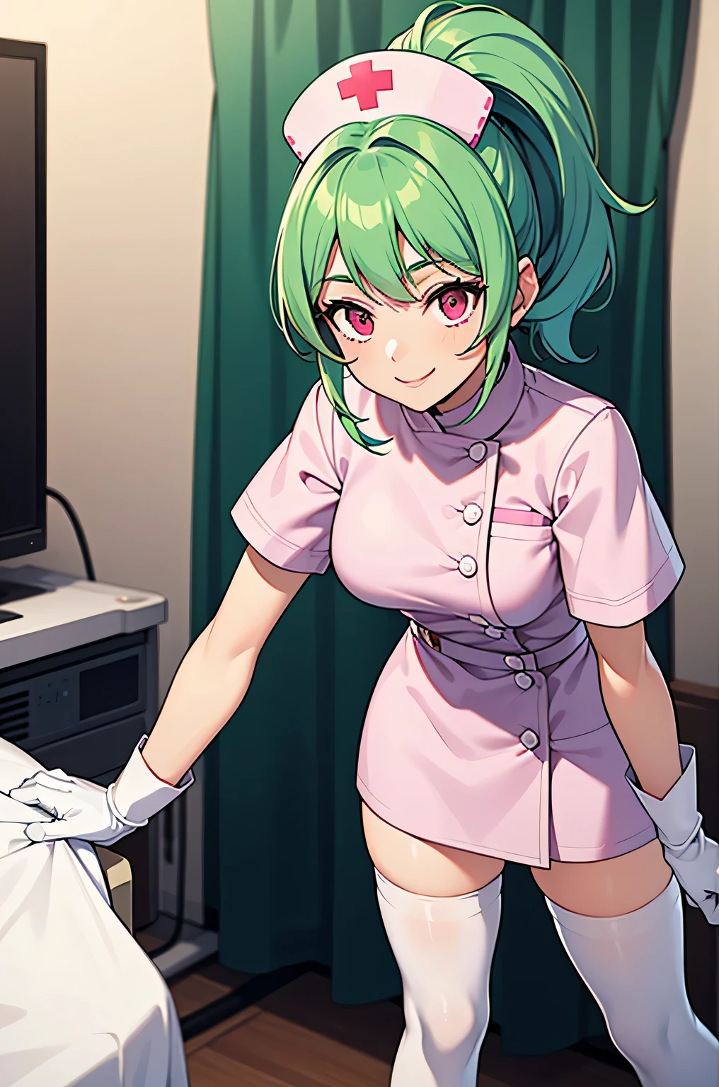 1 girl, alone, nurse, nurse cap, Whiteware, ((white legwear, zettai ryouiki)), white gloves, ponytail, green hair, pink eyes, smile, Are standing, ((hospital room)), sharp outline, short sleeve, highest quality, masterpiece