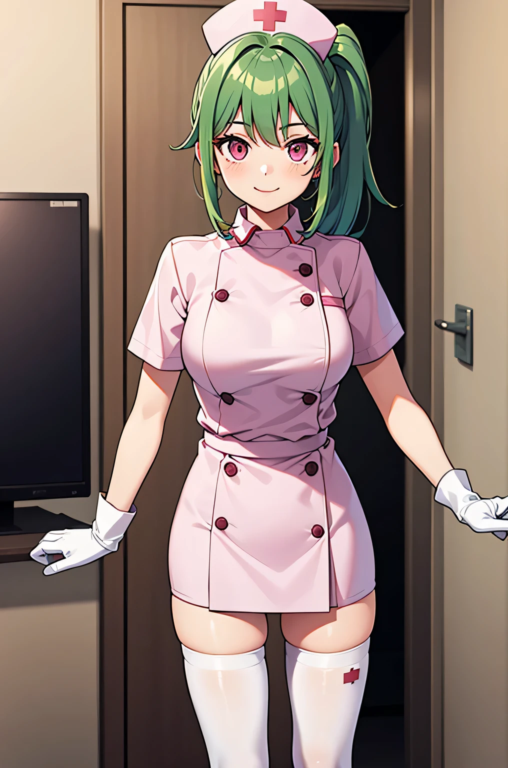 1 girl, alone, nurse, nurse cap, Whiteware, ((white legwear, zettai ryouiki)), white gloves, ponytail, green hair, pink eyes, smile, Are standing, ((hospital room)), sharp outline, short sleeve, highest quality, masterpiece