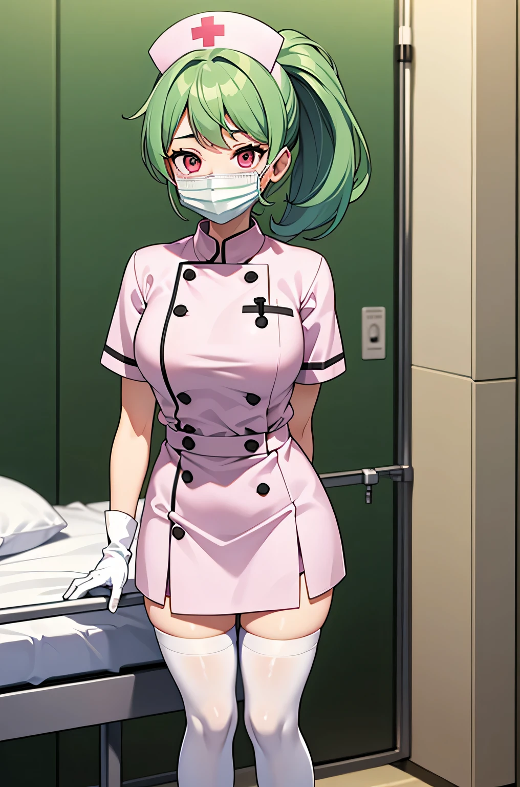 1 girl, alone, nurse, nurse cap, Whiteware, ((white legwear, zettai ryouiki)), white gloves, ponytail, green hair, pink eyes, ((White surgical mask, Covered nose)), Are standing, ((hospital room)), sharp outline, short sleeve, highest quality, masterpiece