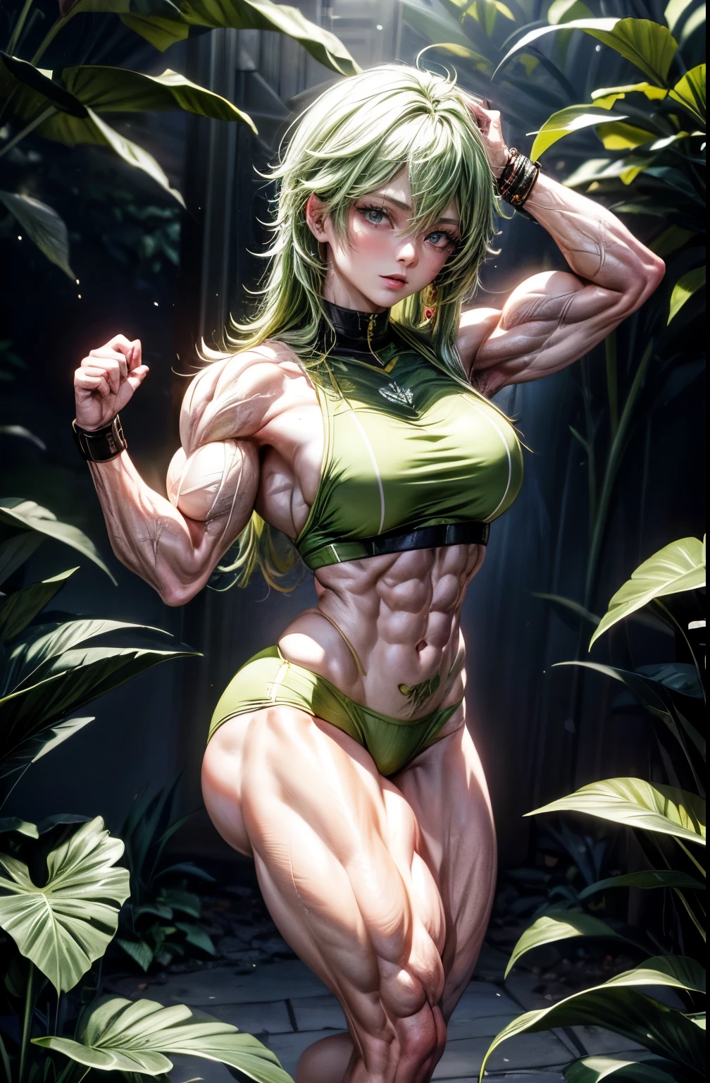 (best lighting) , (Extremely complex and detailed) , 4K unified, (Super detailed CG: 1.2) , (8k: 1.2),(The original), (masterpiece) , (best quality),(masterpiece:1.4),Anime-like high quality,(masterpiece),masterpiece, Super clear picture quality,clearer than,(delicate face)best quality, absurd,((Master of Peace, 4K, 8k, Yes, high resolution))1个girl, female student,Collet,green hair,lilac eyes,Long pale green hair,她in the garden里,Ten strong abdominal muscles,stand up,Crop topping,dense, There are raised veins on the arms,Oversized muscles,The visual sense of muscle explosion,Muscles feel like they're about to explode,The biceps are as big as several steamed buns,spring, in the garden,Lush plants,boots, Perfect body, silver long hair, dynamic poses,legs exposed,Strong leg muscles ((bodybuilder:1.5)),spring garden(beautiful bass),(girl),(miss),(((Upper body:1)))Fashionable midriff-baring outfit