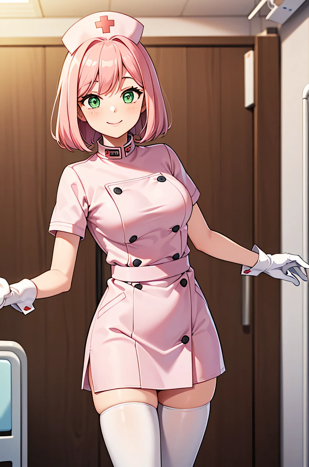 1 girl, alone, nurse, nurse cap, Whiteware, ((white legwear, zettai ryouiki)), white gloves, pink hair, green eyes, droopy eyes, smile, Are standing, ((hospital room)), sharp outline, short sleeve, highest quality, masterpiece