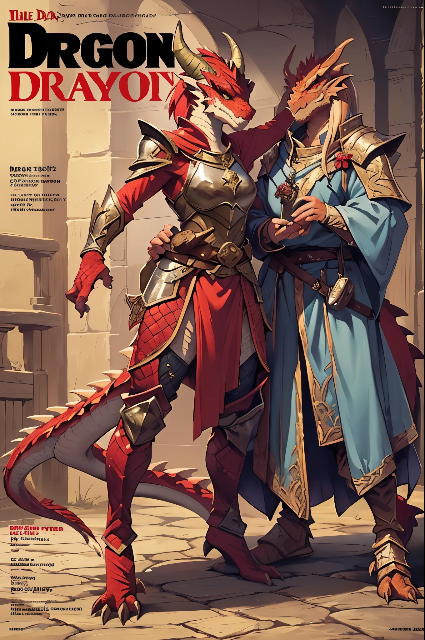 masterpiece, (1girl:1.5), extremely detailed female character, full body shot, best quality, dnd, dungeons and dragons, (thin, athletic, pointy ears), (red dragonborn, anthro, horns, red eyes, scales skin, damaged), (magazine title, text, "Play Dragon", "Dragon":1.5), (magazine:1.3), medieval era, fantasy clothes, anime style, (medieval fantasy full plate small paladin cloth, paladin warrior, action pose), (nsfw:0.75)