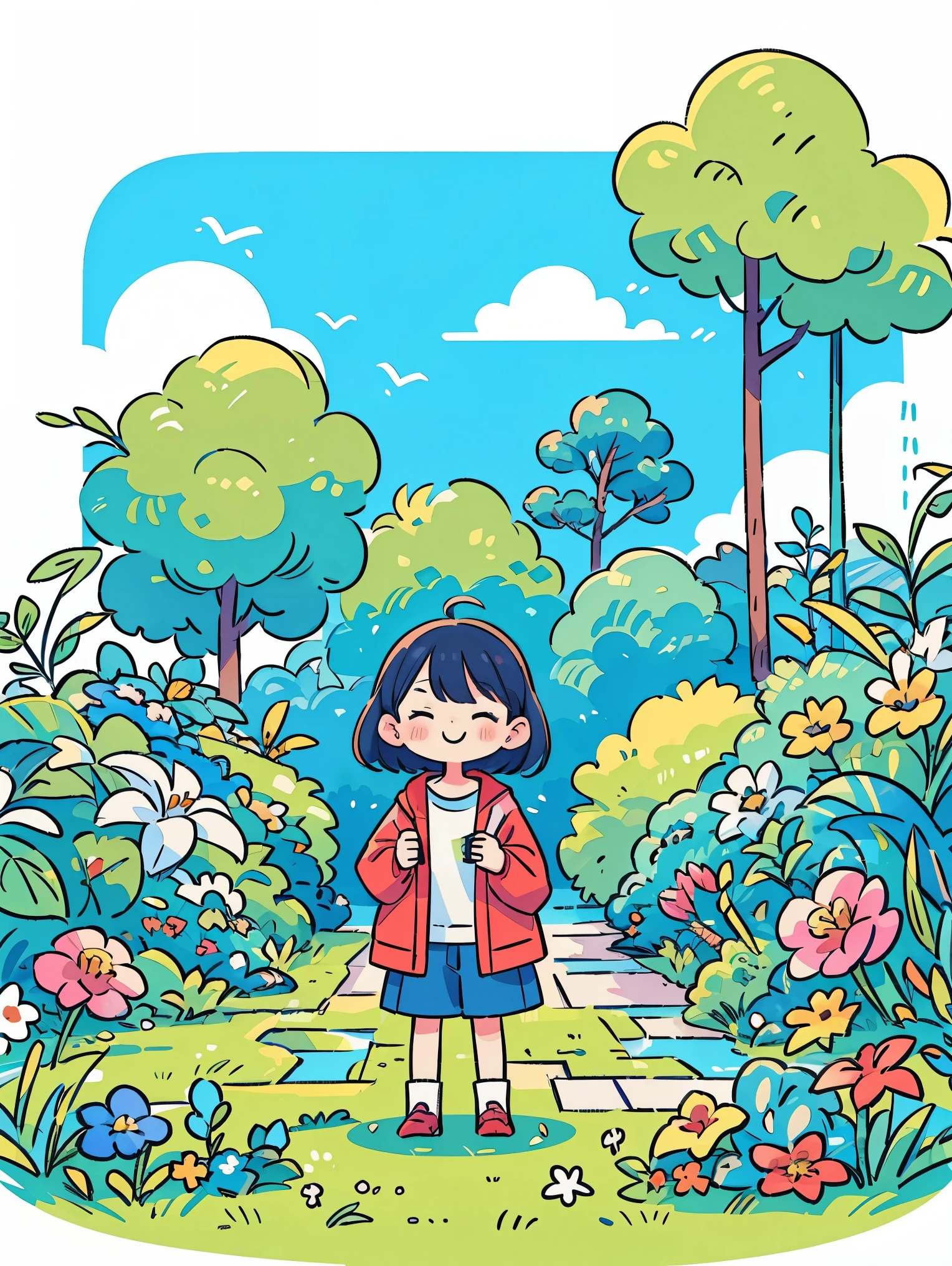 (Flattening，UI vector style), (1 girl，绿色garden中素描:1.5)，rosy cheeks，bright smile，wearing casual，cozy clothings，garden，On the grass，blue sky，dense with greenery，flowers bloom, Bright colors，Cheerful atmosphere，(Simple illustration)，(smooth line art:1.2), (Minimalism), White background，(graphic design aesthetics)，(flat illustratiotomically correct)