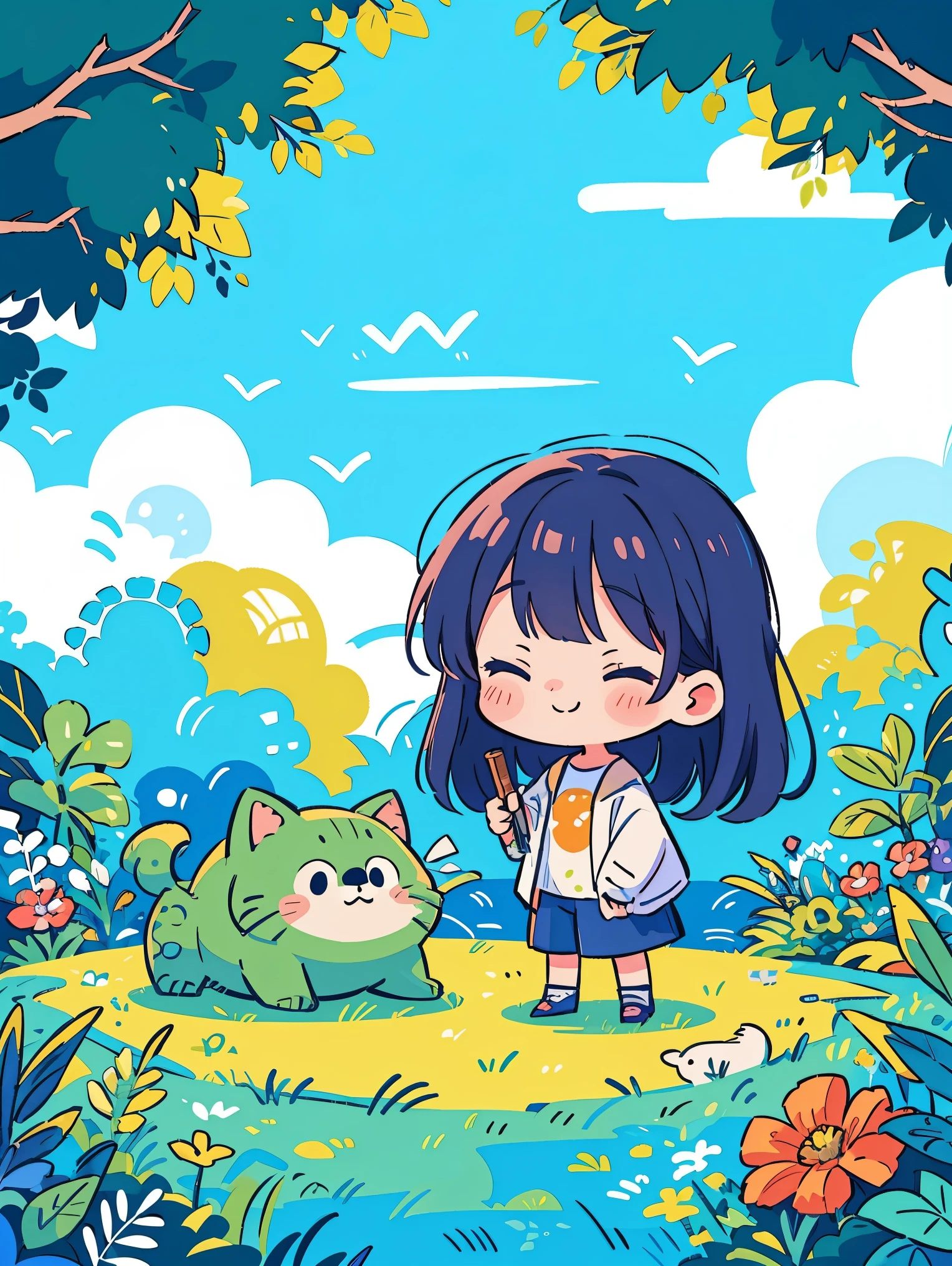 (Flattening，UI vector style), (1 girl，绿色garden中素描:1.5)，rosy cheeks，bright smile，wearing casual，cozy clothings，garden，On the grass，blue sky，dense with greenery，flowers bloom, Bright colors，Cheerful atmosphere，(Simple illustration)，(smooth line art:1.2), (Minimalism), White background，(graphic design aesthetics)，(flat illustratiotomically correct)