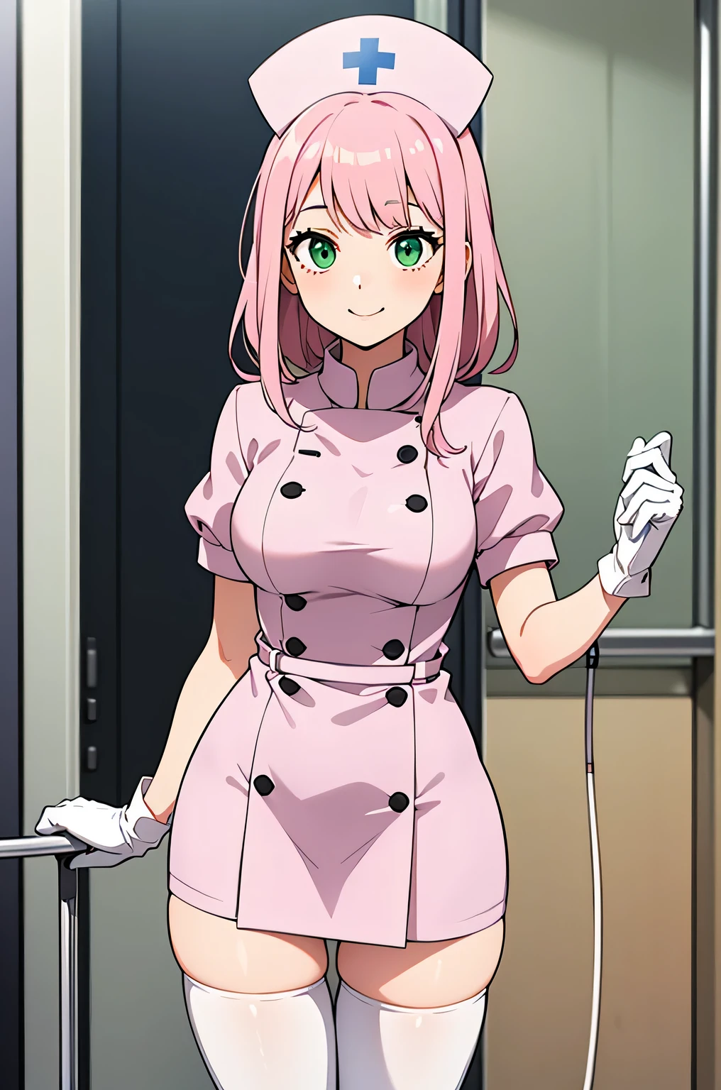 1 girl, alone, nurse, nurse cap, Whiteware, ((white legwear, zettai ryouiki)), white gloves, pink hair, green eyes, droopy eyes, smile, Are standing, ((hospital room)), sharp outline, short sleeve, highest quality, masterpiece