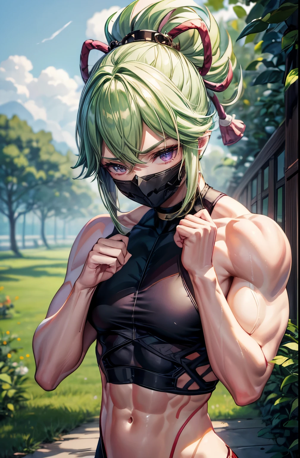 (best lighting) , (Extremely complex and detailed) , 4K unified, (Super detailed CG: 1.2) , (8k: 1.2),(The original), (masterpiece) , (best quality),(masterpiece:1.4),Anime-like high quality,(masterpiece),masterpiece, Super clear picture quality，clearer than，（delicate face）best quality, absurd,((Master of Peace, 4K, 8k, Yes, high resolution))1个girl, female student，Shinobu Kuki，face mask，ninja clothes，Long pale green hair，她in the garden里，Ten strong abdominal muscles，stand up,Crop topping,dense, There are raised veins on the arms，Oversized muscles，The visual sense of muscle explosion，Muscles feel like they&#39;re about to explode，The biceps are as big as several steamed buns，spring, in the garden，Lush plants，boots, Perfect body, silver long hair, dynamic poses,legs exposed，Strong leg muscles ((bodybuilder:1.5)),spring garden(beautiful b),(girl),(miss),(((Upper body:1)))Fashionable midriff-baring outfit