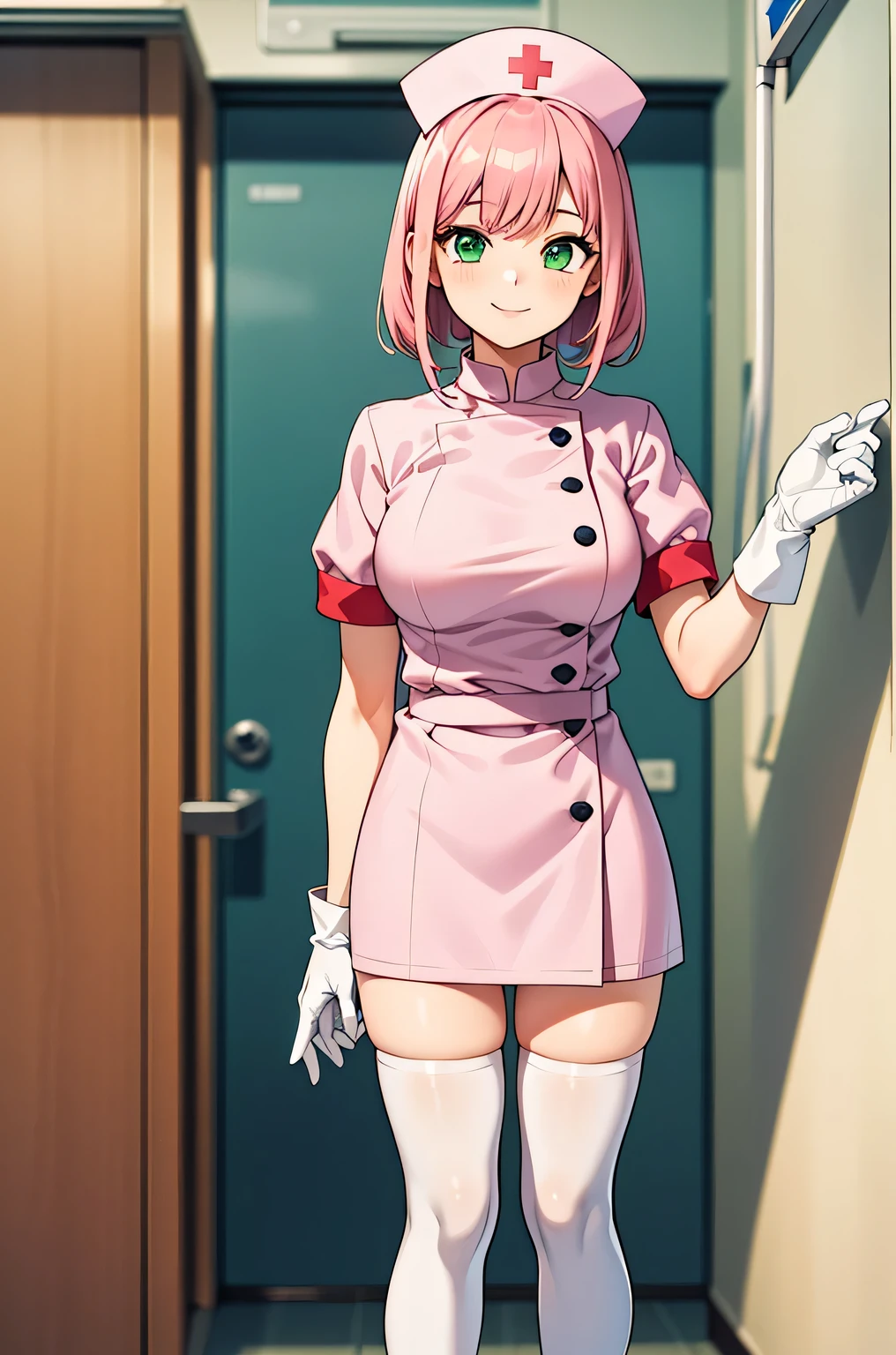 1 girl, alone, nurse, nurse cap, Whiteware, ((white legwear, zettai ryouiki)), white gloves, pink hair, green eyes, droopy eyes, smile, Are standing, ((hospital room)), sharp outline, short sleeve, highest quality, masterpiece