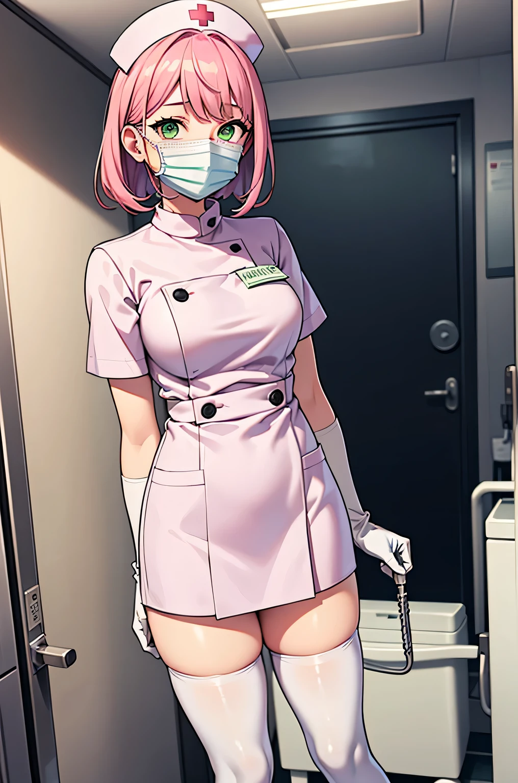 1 girl, alone, nurse, nurse cap, Whiteware, ((white legwear, zettai ryouiki)), white gloves, pink hair, green eyes, droopy eyes, ((White surgical mask, Covered nose)), Are standing, ((hospital room)), sharp outline, short sleeve, highest quality, masterpiece