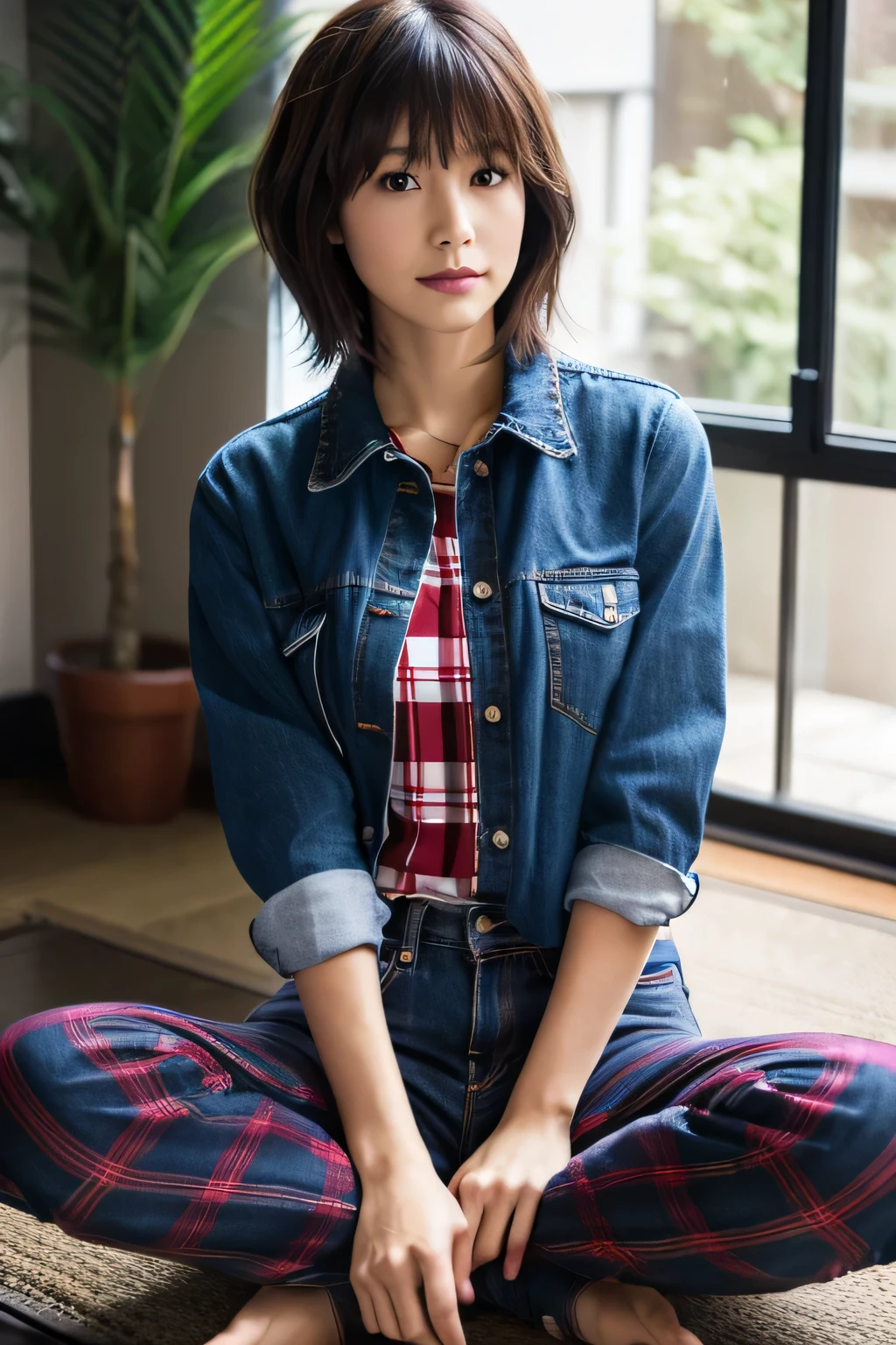 8K.genuine.I'm grateful.A beautiful and cute Japanese woman is sitting indoors.She is wearing a red checked shirt and dark blue denim pants。.. She is short, short and thin hair.skinny