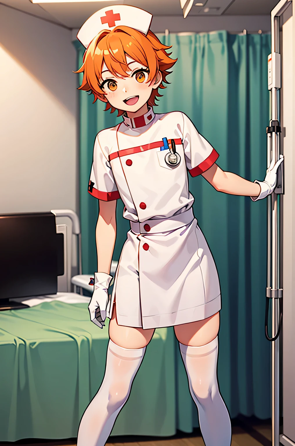 1 boy, alone, male focus, nurse, nurse cap, Whiteware, ((white legwear, zettai ryouiki)), white gloves, short hair, orange hair, smile, open your mouth, Are standing, ((hospital room)), sharp outline, short sleeve, Shota, 12 years old, highest quality, masterpiece